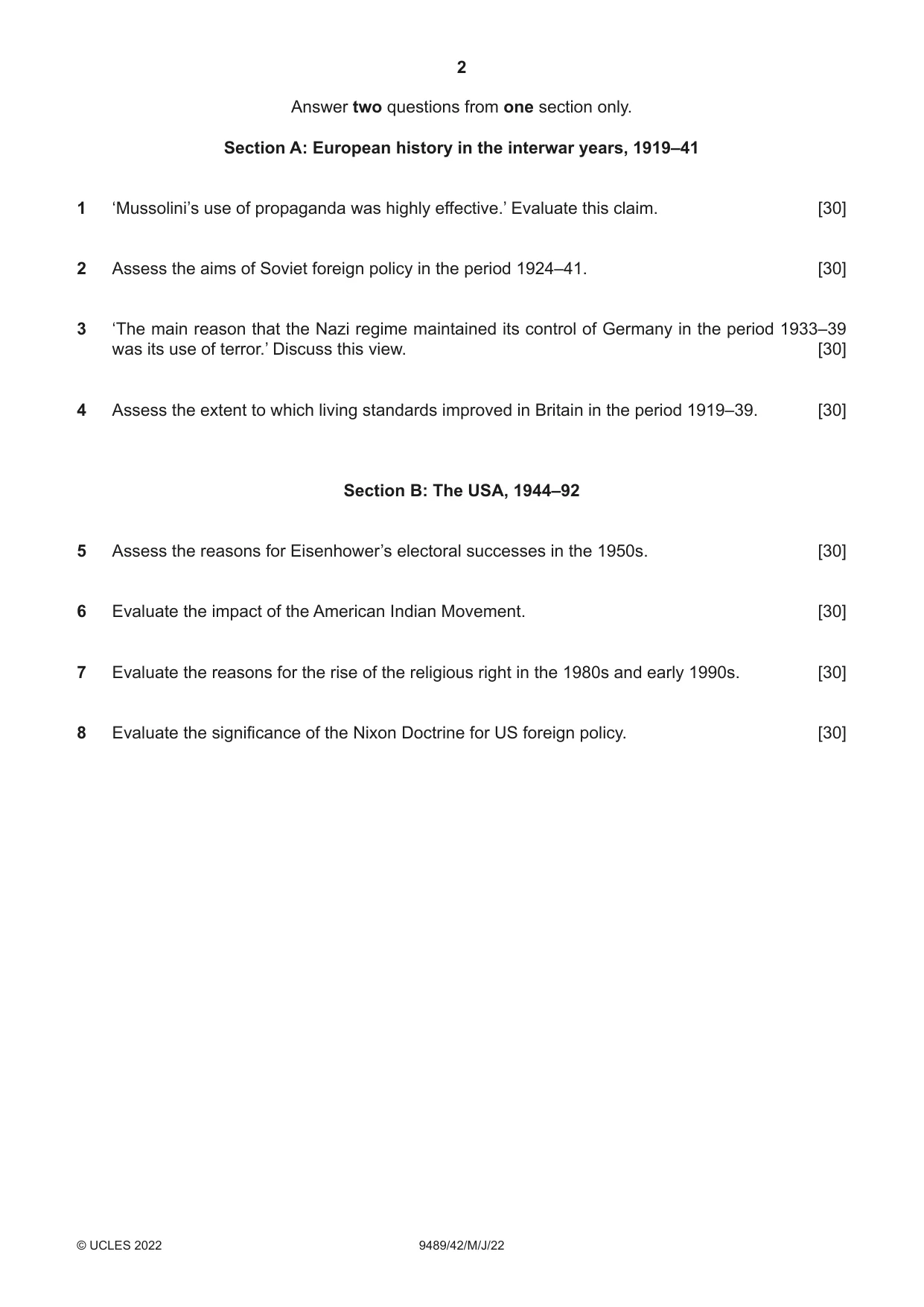 Cambridge A Level History 9489 2022 May/June Paper 4 · Variant 2 question paper, page 2 of 4