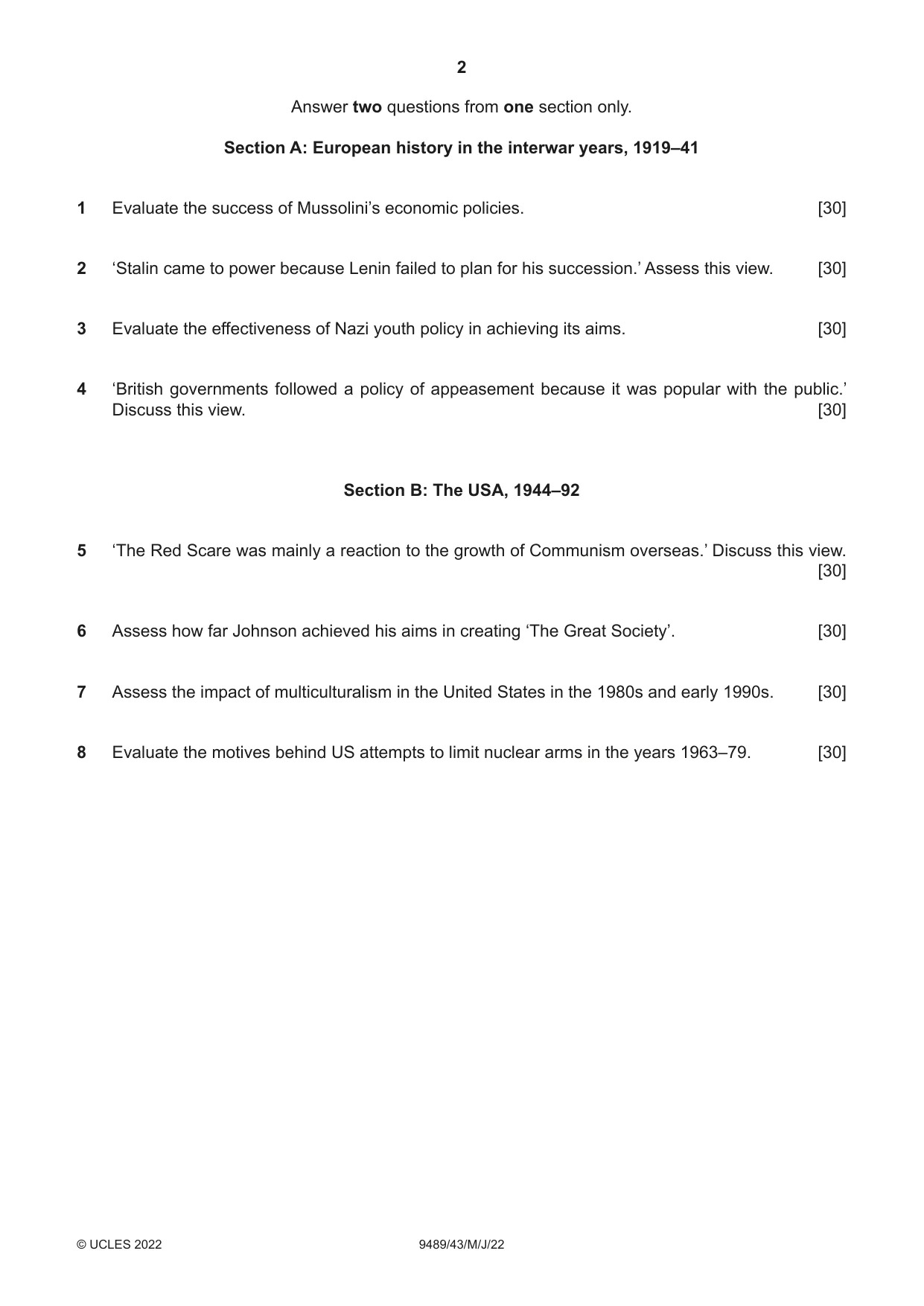 Cambridge A Level History 9489 2022 May/June Paper 4 · Variant 3 question paper, page 2 of 4