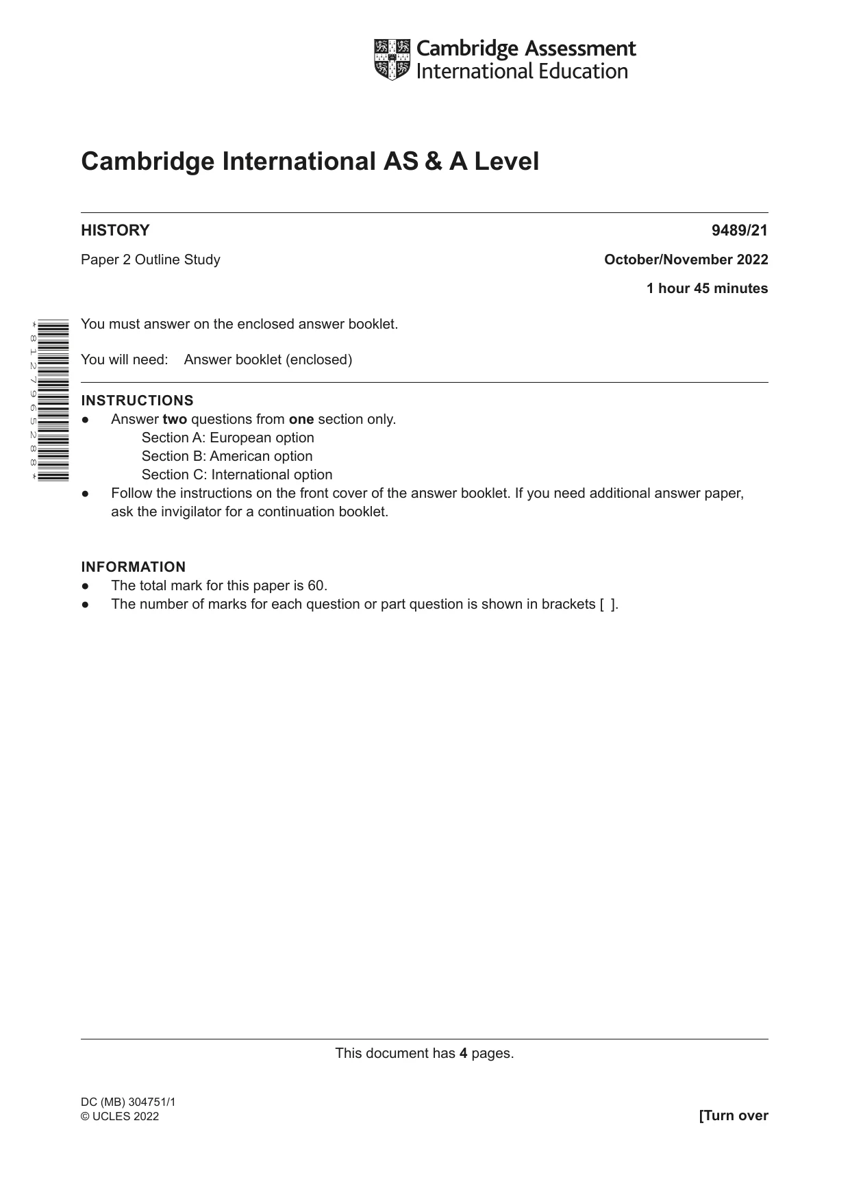 Cambridge A Level History 9489 2022 Oct/Nov Paper 2 · Variant 1 question paper, page 1 of 4