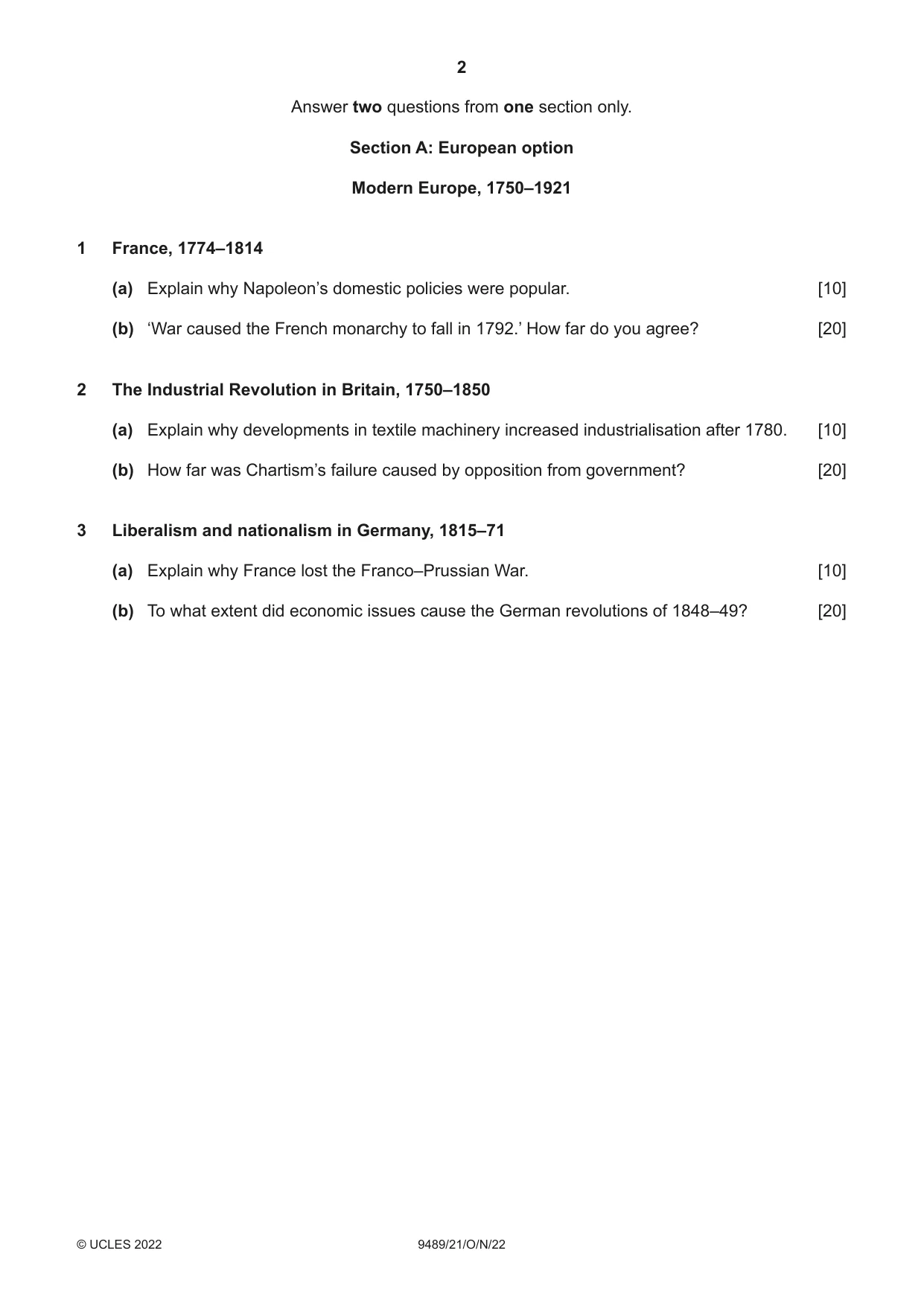 Cambridge A Level History 9489 2022 Oct/Nov Paper 2 · Variant 1 question paper, page 2 of 4