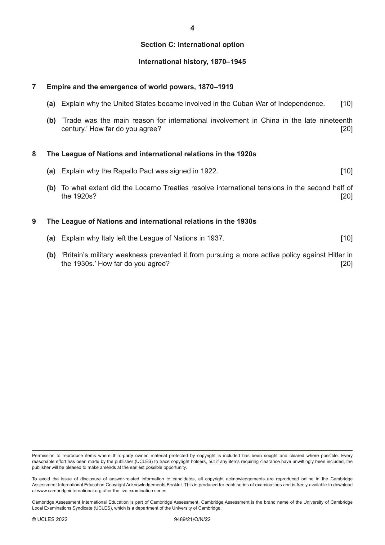 Cambridge A Level History 9489 2022 Oct/Nov Paper 2 · Variant 1 question paper, page 4 of 4