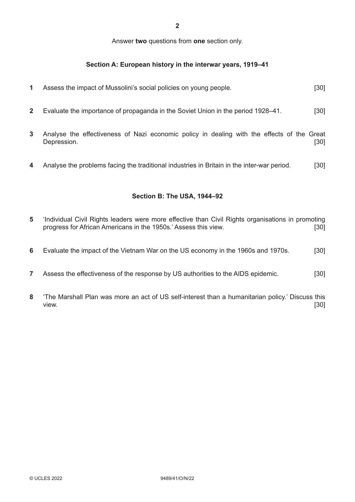 Cambridge A Level History 9489 2022 Oct/Nov Paper 4 · Variant 1 question paper, page 2 of 4