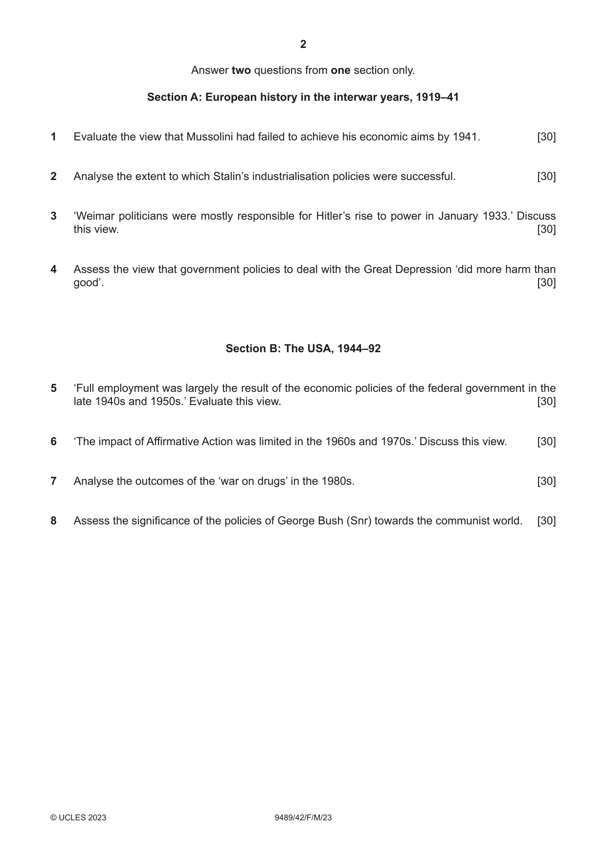 Cambridge A Level History 9489 2023 Feb/March Paper 4 · Variant 2 question paper, page 2 of 4