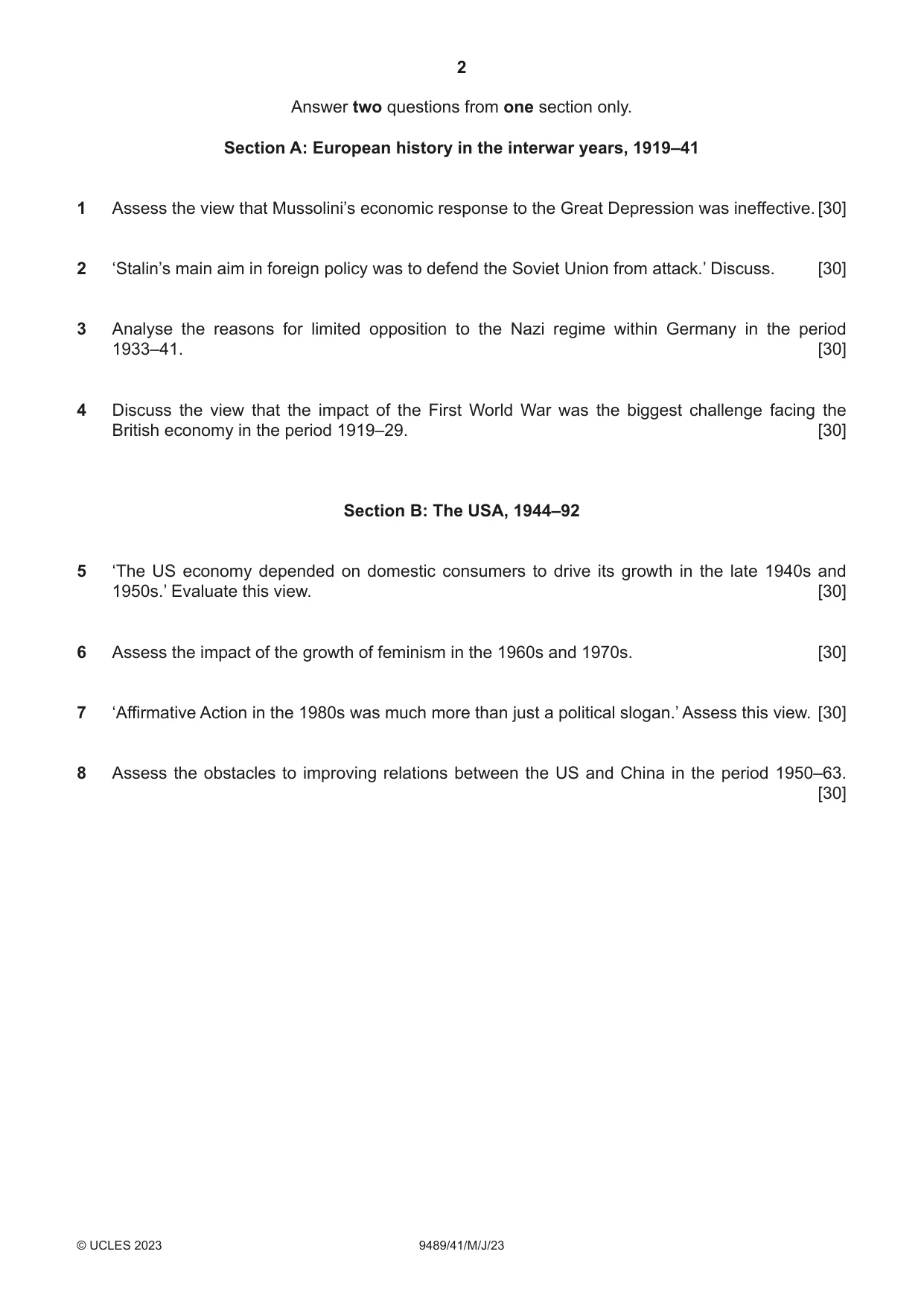 Cambridge A Level History 9489 2023 May/June Paper 4 · Variant 1 question paper, page 2 of 4