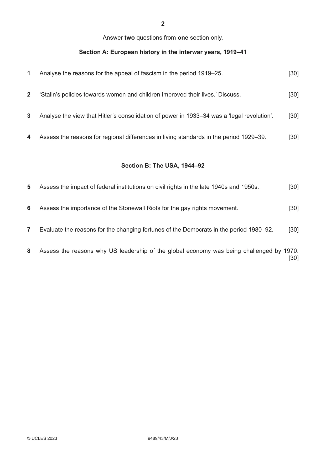 Cambridge A Level History 9489 2023 May/June Paper 4 · Variant 3 question paper, page 2 of 4