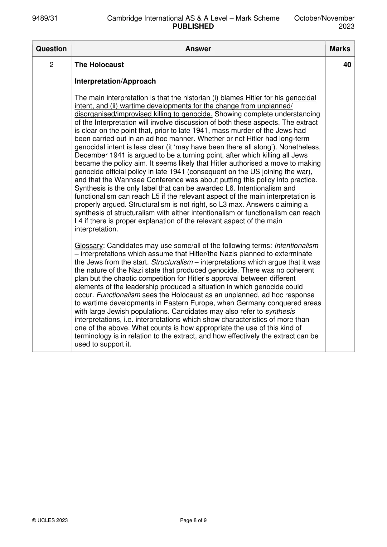 Mark scheme, page 8 of 9