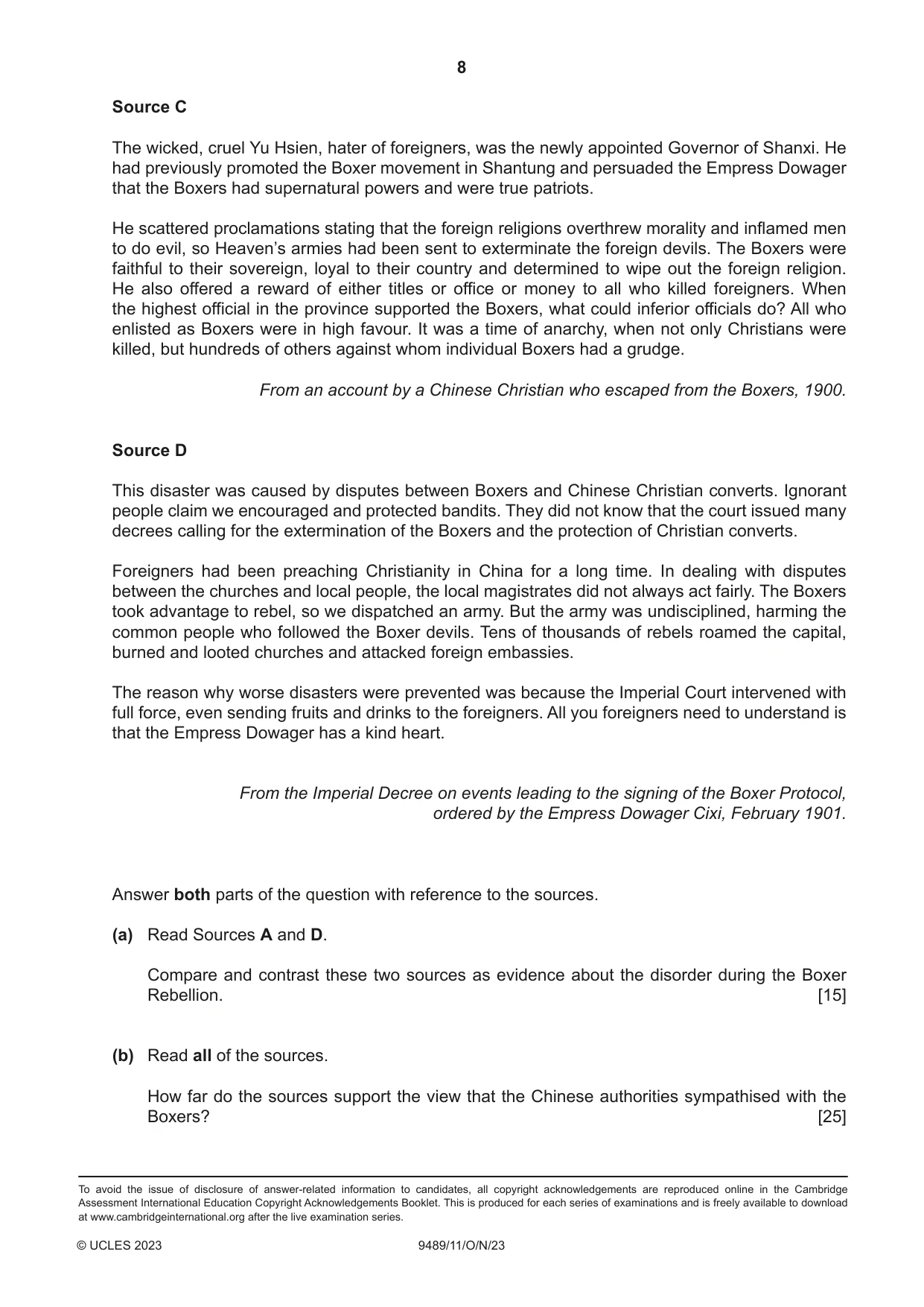 Cambridge A Level History 9489 2023 Oct/Nov Paper 1 · Variant 1 question paper, page 8 of 8