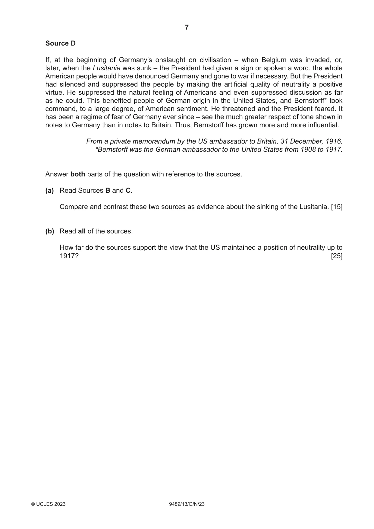 Cambridge A Level History 9489 2023 Oct/Nov Paper 1 · Variant 3 question paper, page 7 of 8