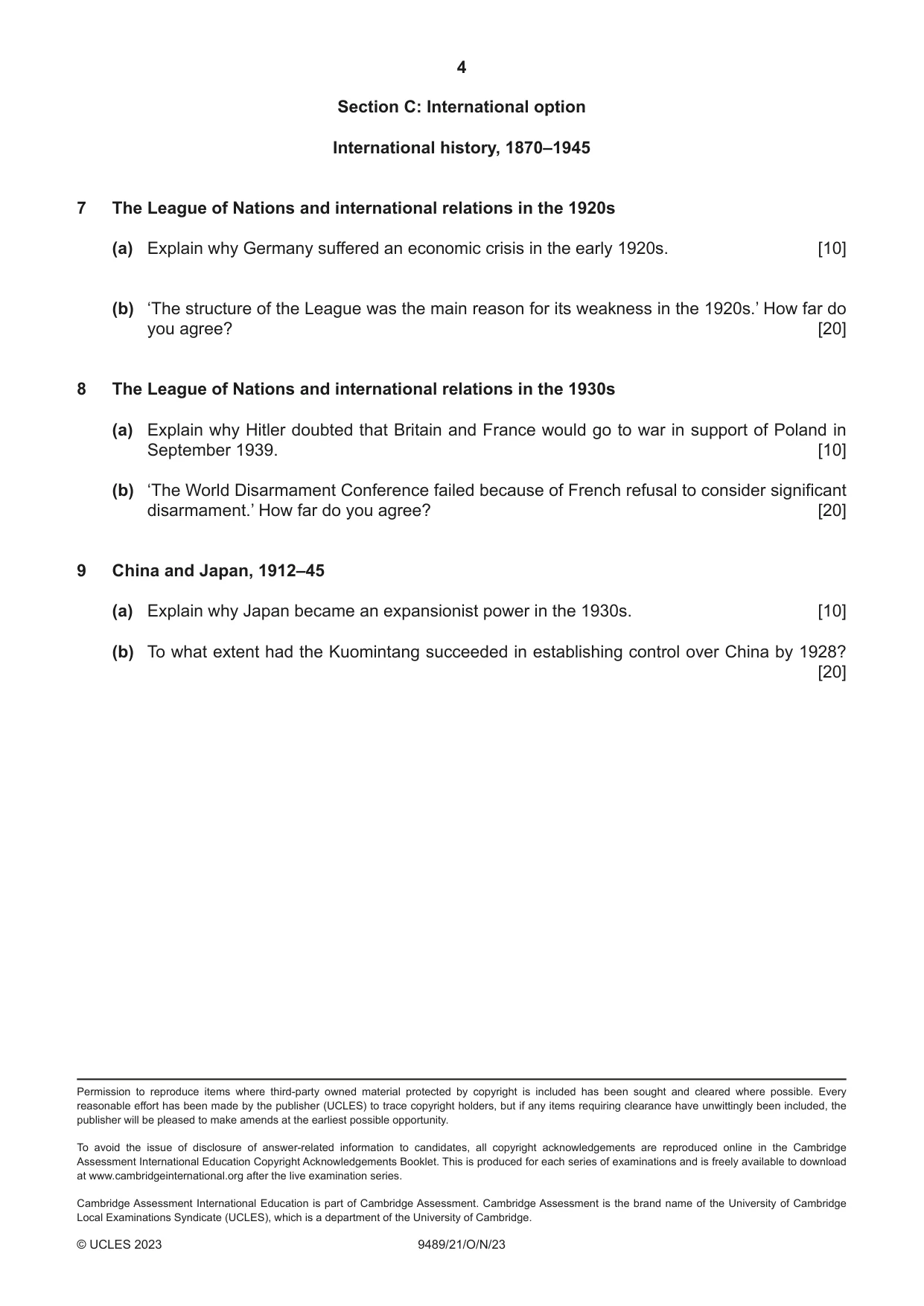 Cambridge A Level History 9489 2023 Oct/Nov Paper 2 · Variant 1 question paper, page 4 of 4