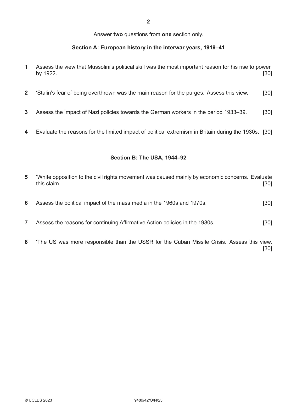 Cambridge A Level History 9489 2023 Oct/Nov Paper 4 · Variant 2 question paper, page 2 of 4