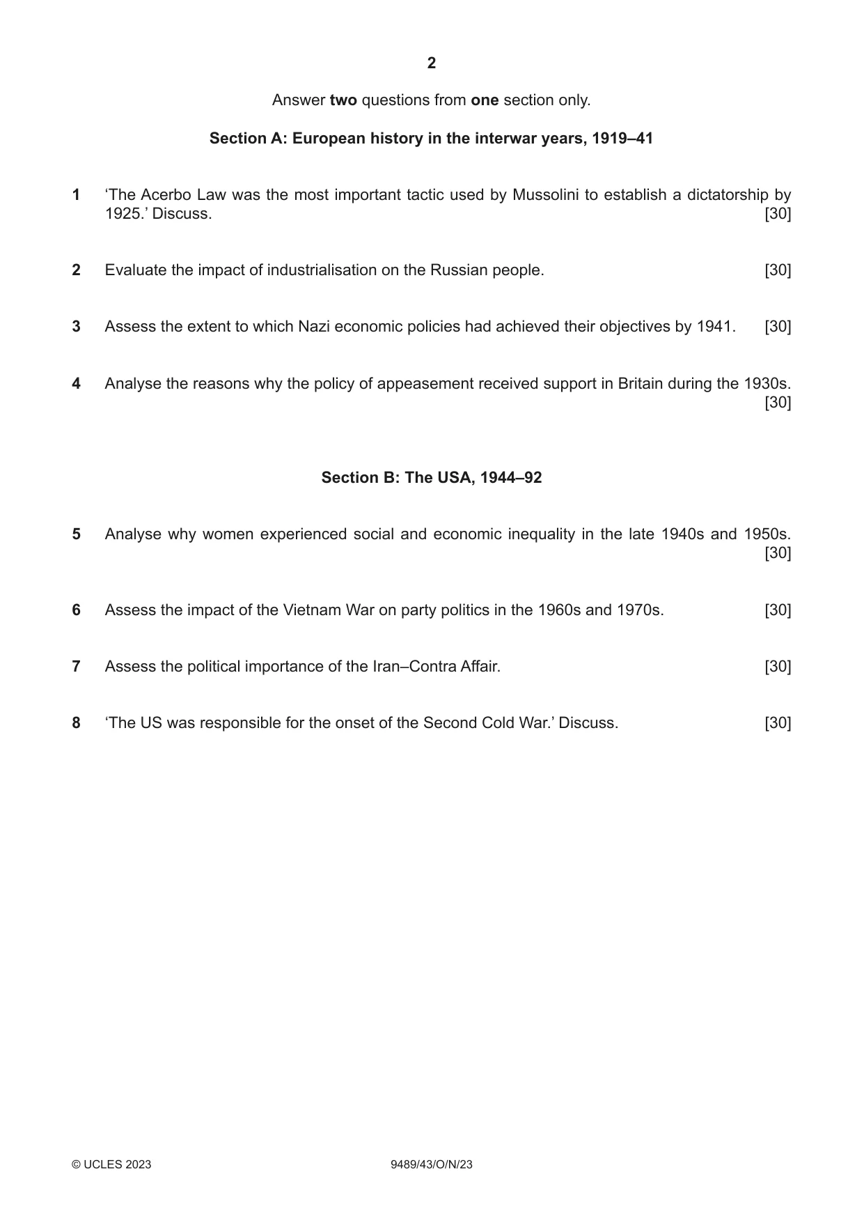 Cambridge A Level History 9489 2023 Oct/Nov Paper 4 · Variant 3 question paper, page 2 of 4