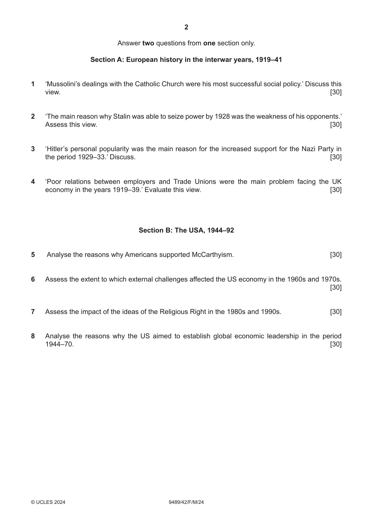 Cambridge A Level History 9489 2024 Feb/March Paper 4 · Variant 2 question paper, page 2 of 4