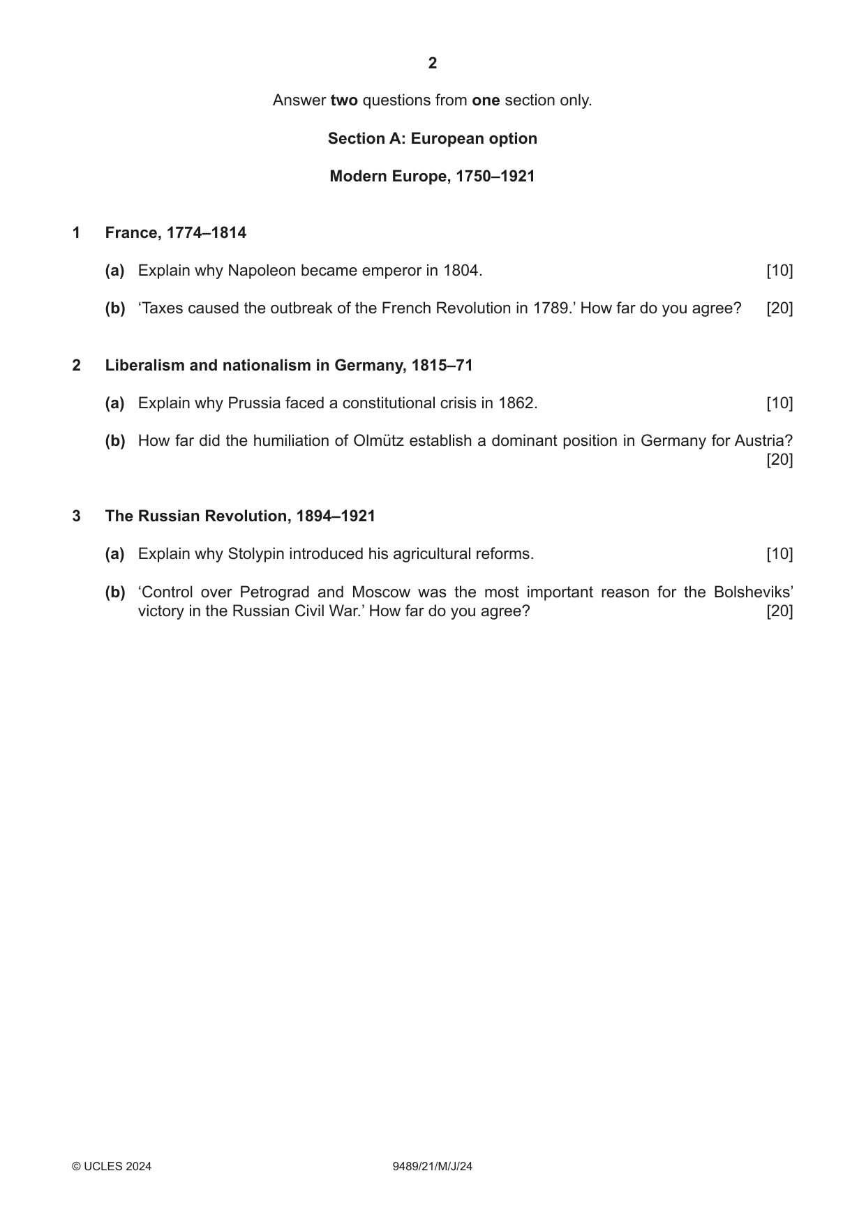 Cambridge A Level History 9489 2024 May/June Paper 2 · Variant 1 question paper, page 2 of 4