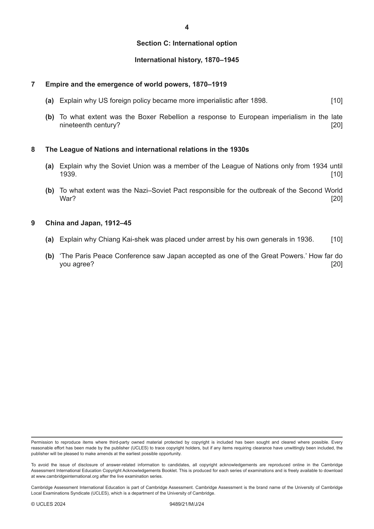 Cambridge A Level History 9489 2024 May/June Paper 2 · Variant 1 question paper, page 4 of 4
