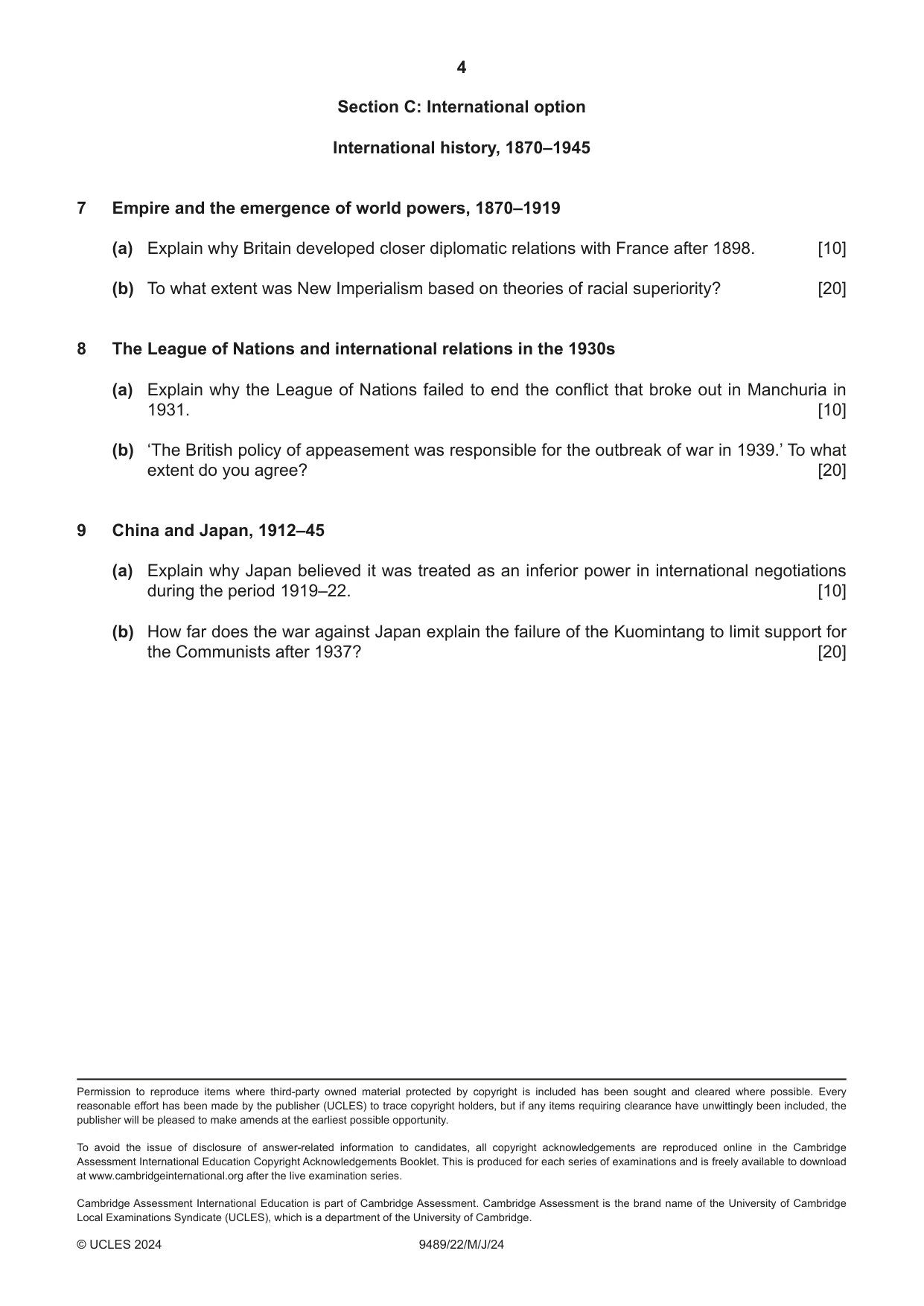 Cambridge A Level History 9489 2024 May/June Paper 2 · Variant 2 question paper, page 4 of 4