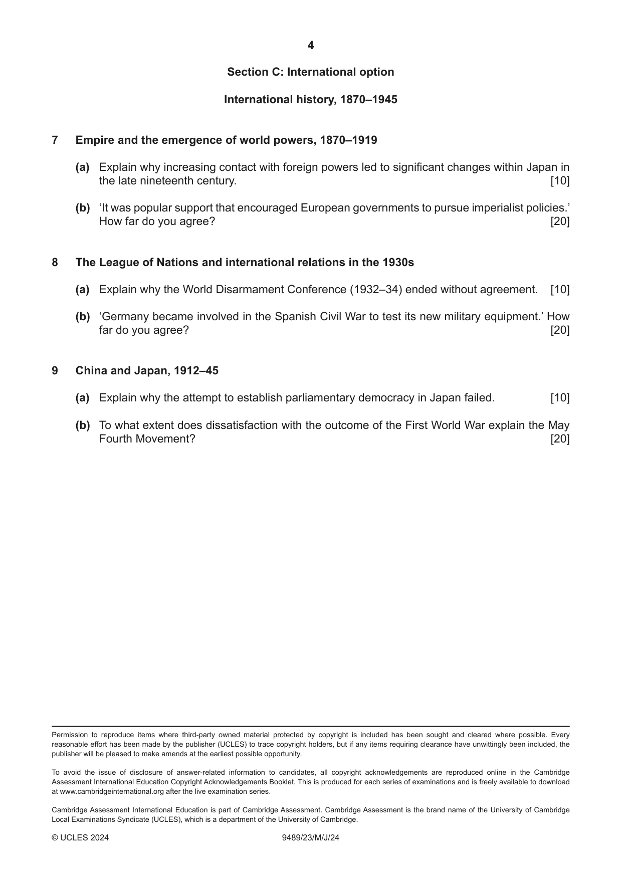 Cambridge A Level History 9489 2024 May/June Paper 2 · Variant 3 question paper, page 4 of 4