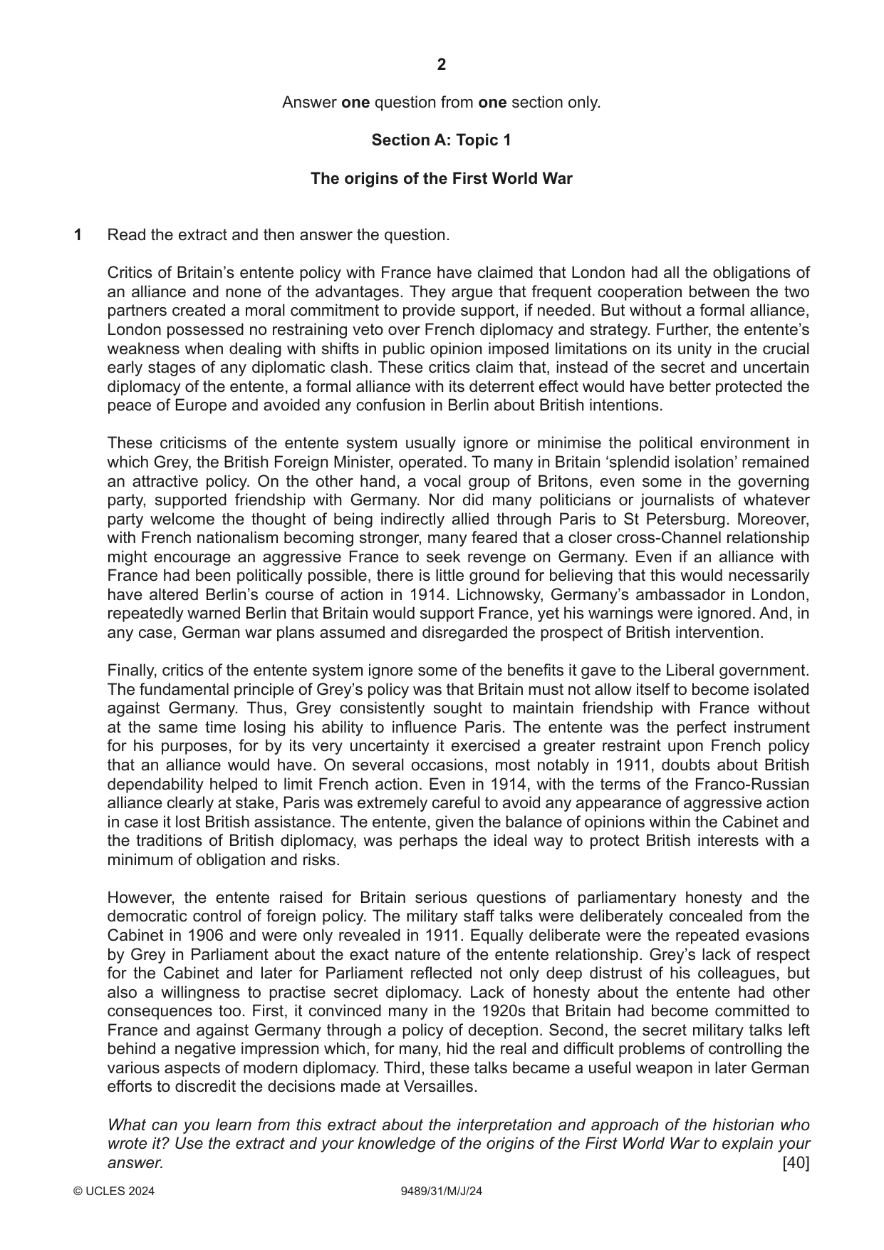Cambridge A Level History 9489 2024 May/June Paper 3 · Variant 1 question paper, page 2 of 4