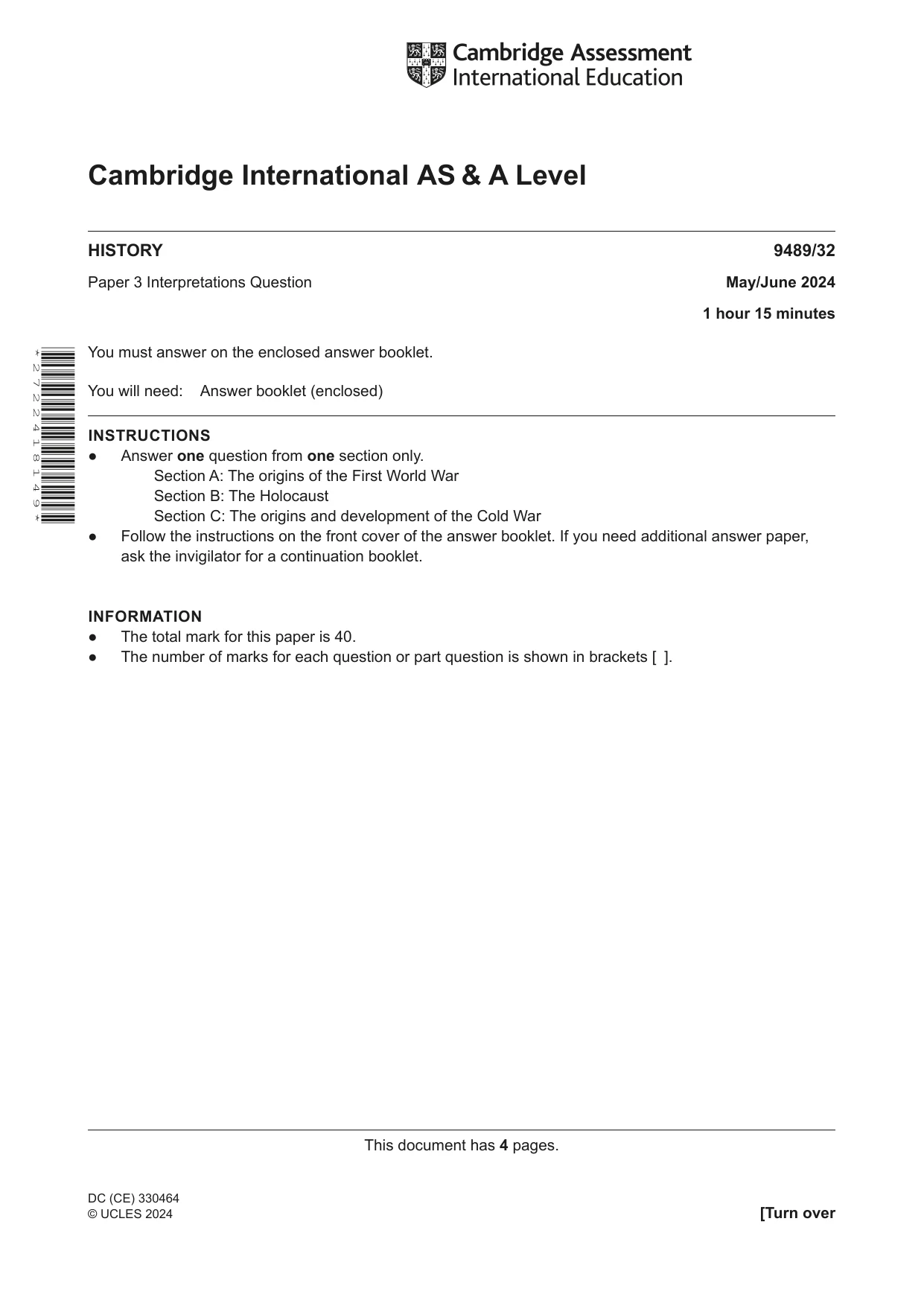 Cambridge A Level History 9489 2024 May/June Paper 3 · Variant 2 question paper, page 1 of 4