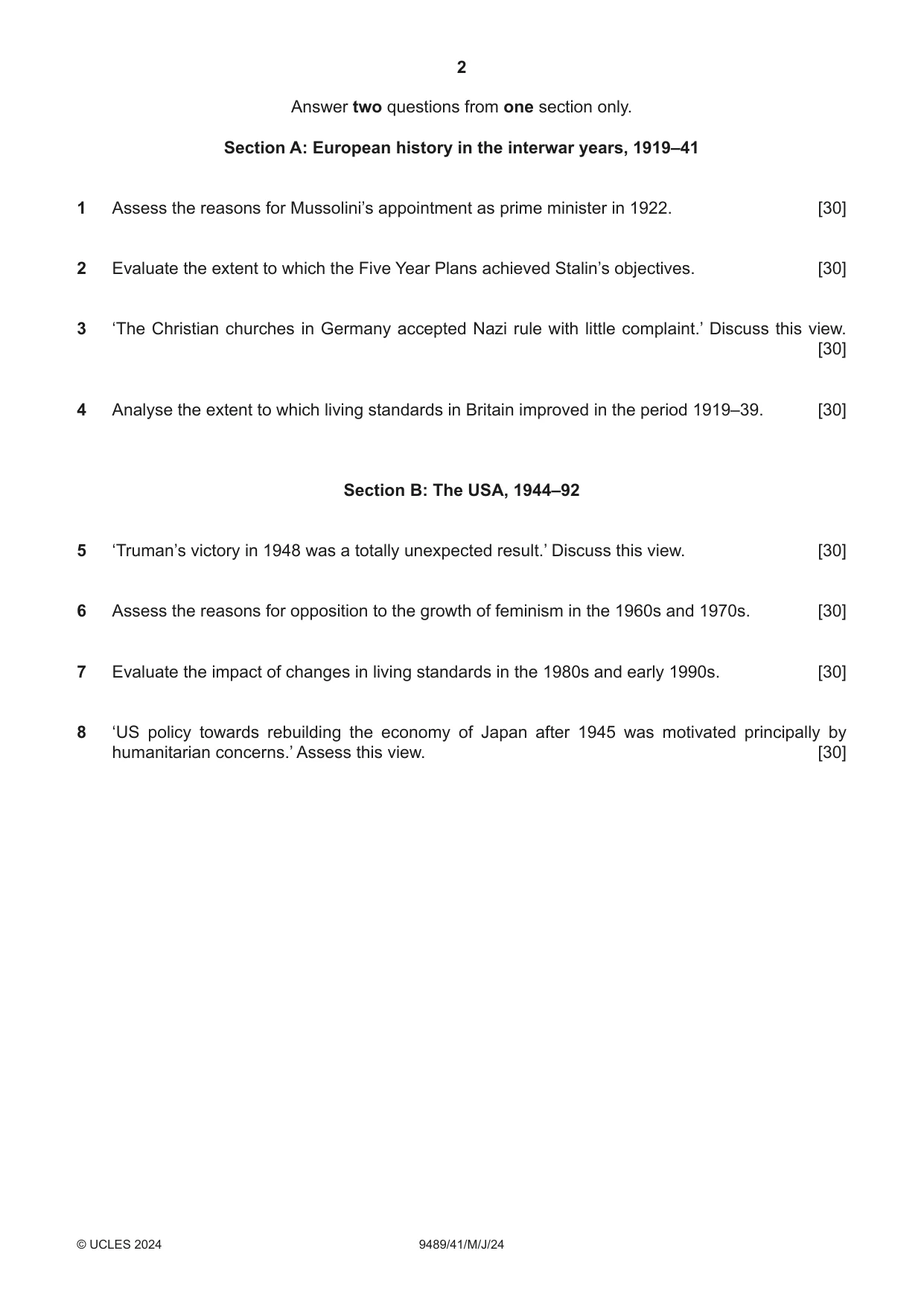 Cambridge A Level History 9489 2024 May/June Paper 4 · Variant 1 question paper, page 2 of 4