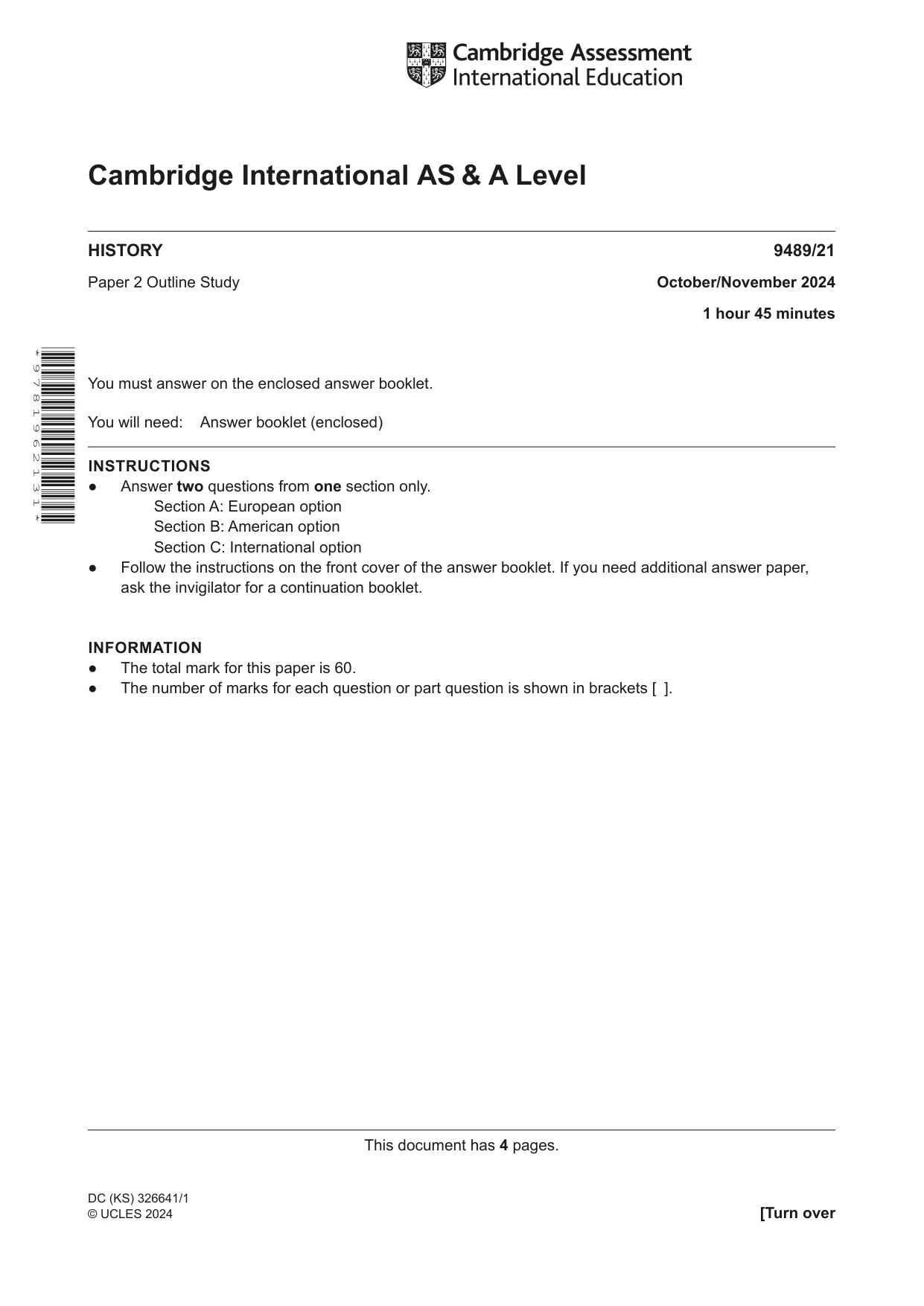 Cambridge A Level History 9489 2024 Oct/Nov Paper 2 · Variant 1 question paper, page 1 of 4