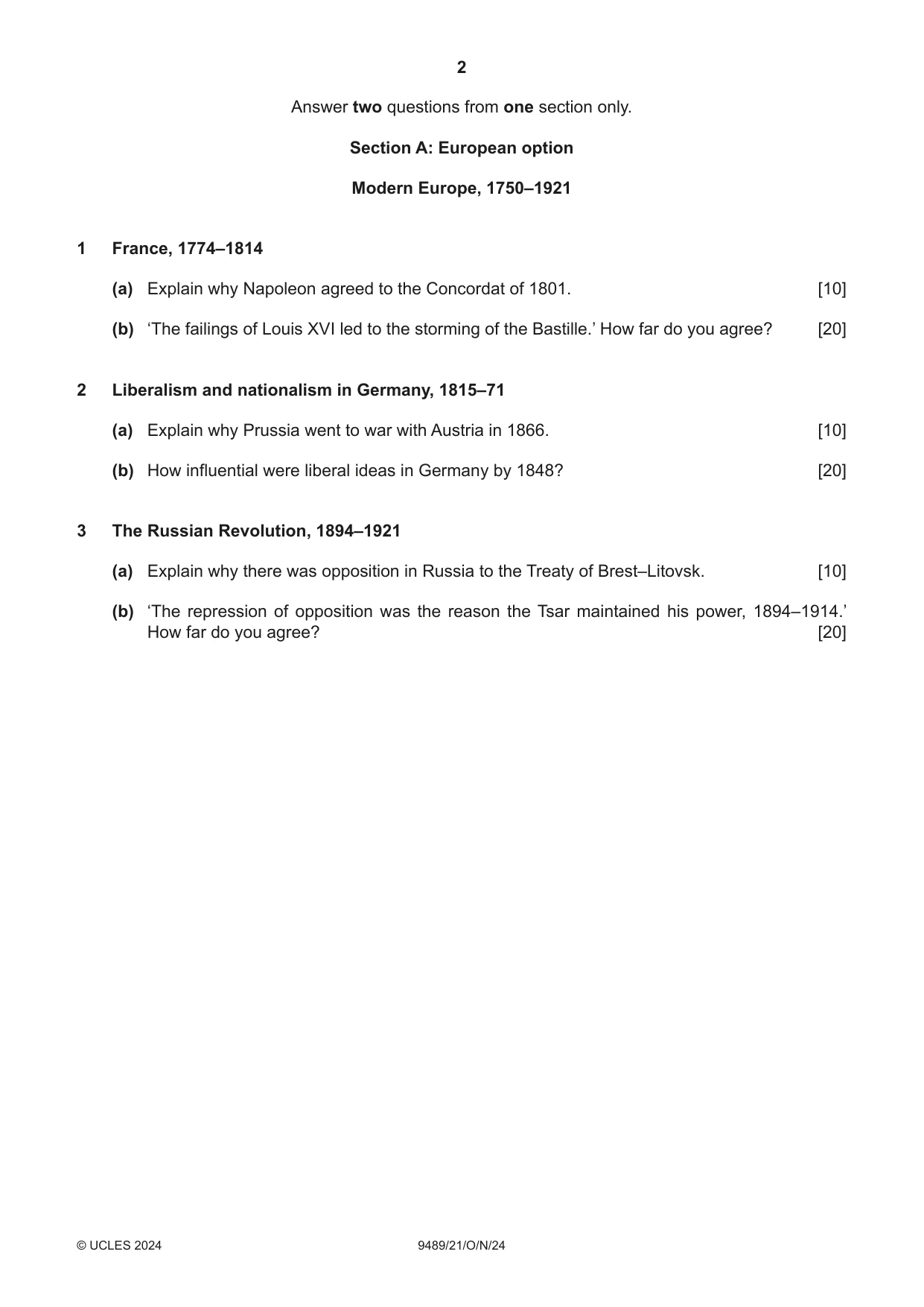 Cambridge A Level History 9489 2024 Oct/Nov Paper 2 · Variant 1 question paper, page 2 of 4