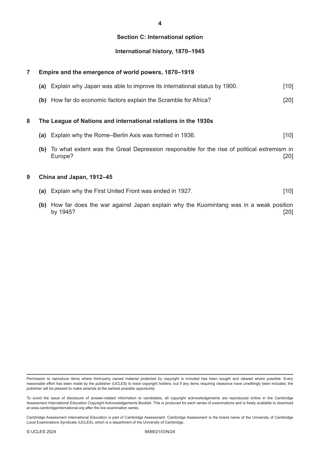 Cambridge A Level History 9489 2024 Oct/Nov Paper 2 · Variant 1 question paper, page 4 of 4