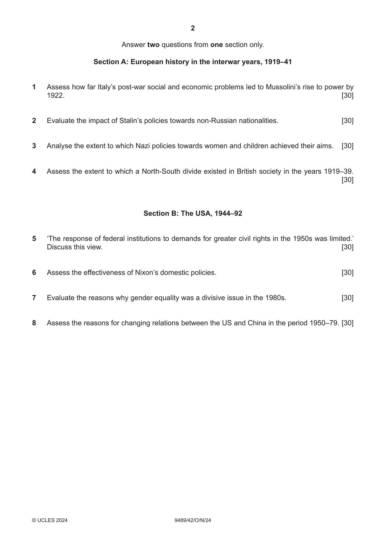 Cambridge A Level History 9489 2024 Oct/Nov Paper 4 · Variant 2 question paper, page 2 of 4