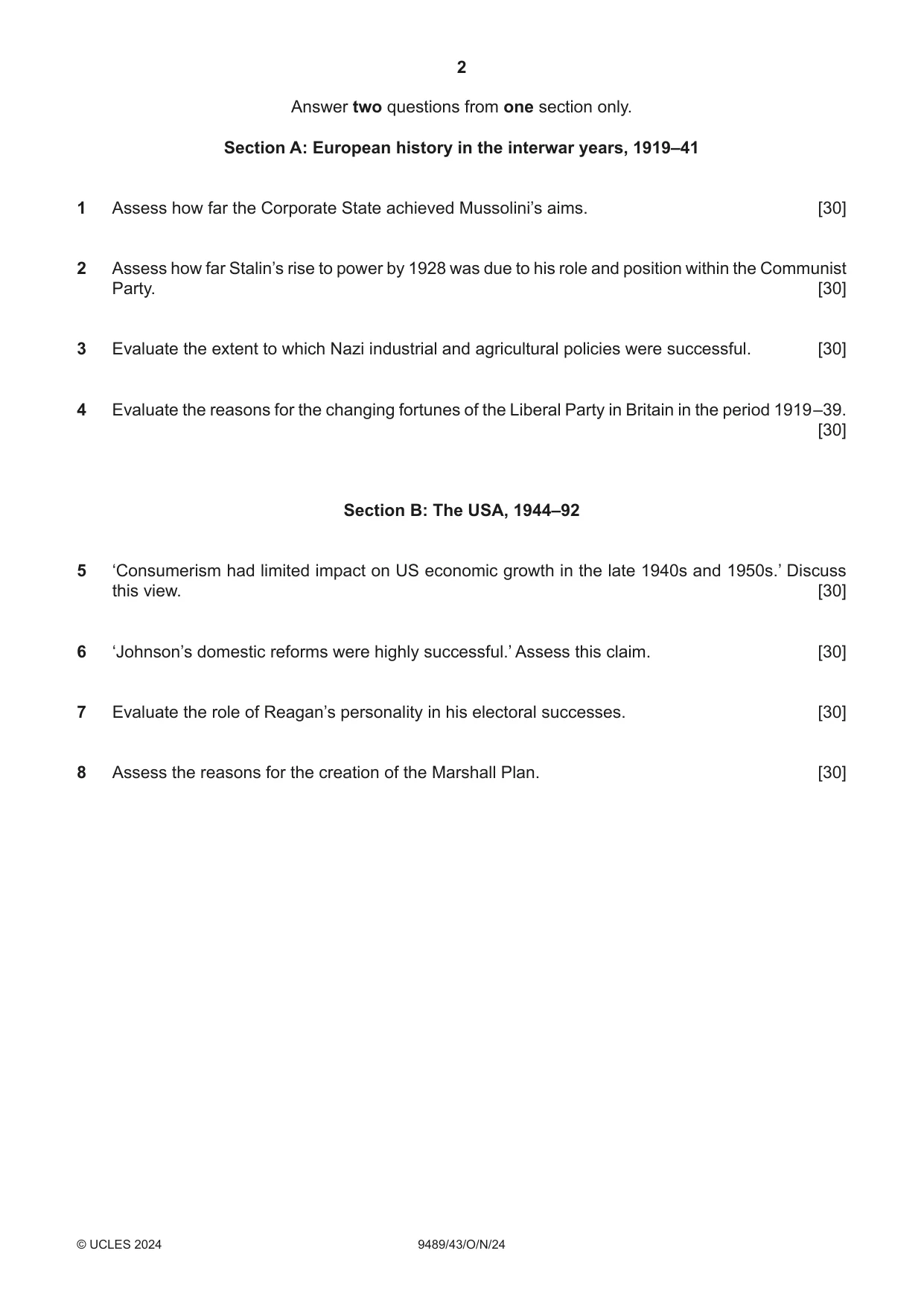 Cambridge A Level History 9489 2024 Oct/Nov Paper 4 · Variant 3 question paper, page 2 of 4