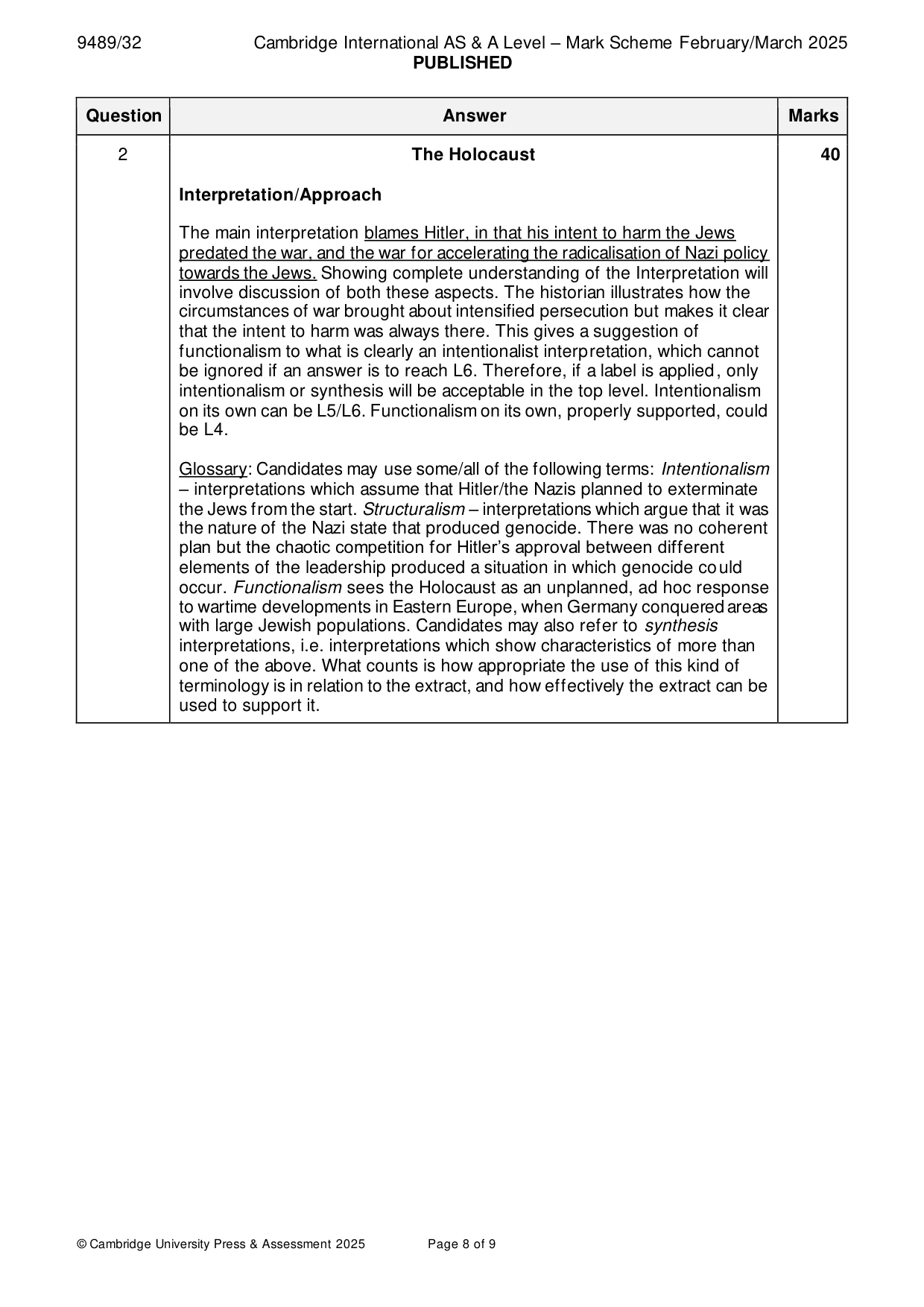 Mark scheme, page 8 of 9