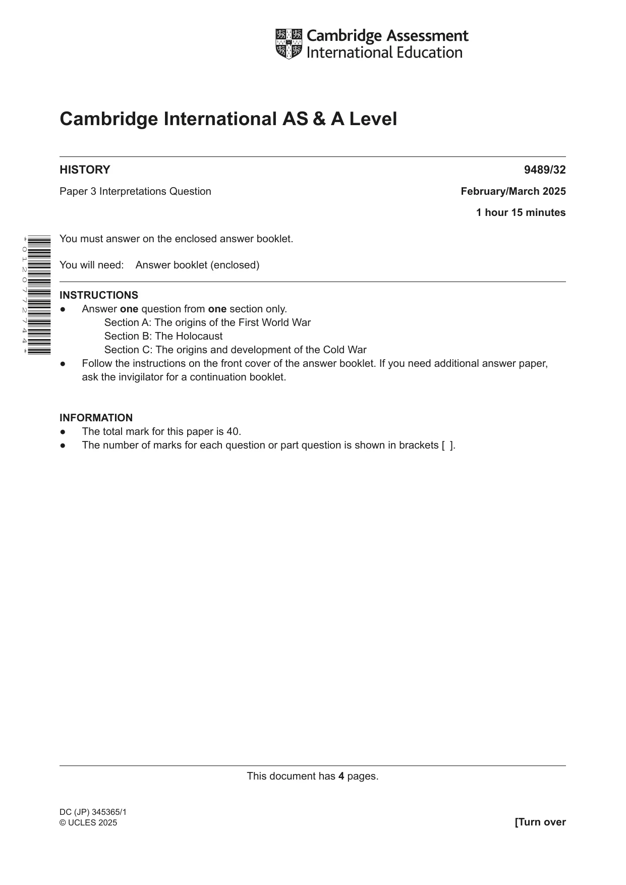 Cambridge A Level History 9489 2025 Feb/March Paper 3 · Variant 2 question paper, page 1 of 4