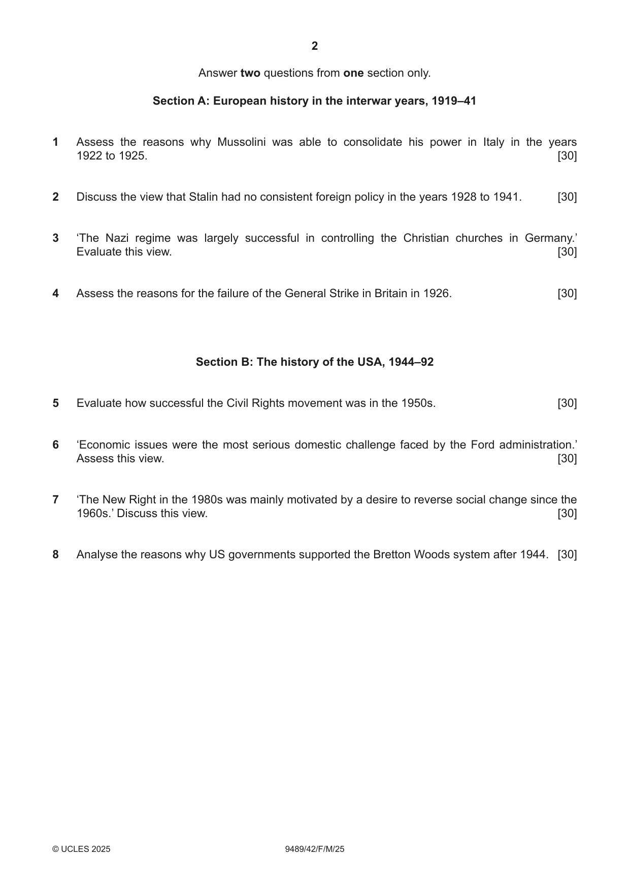 Cambridge A Level History 9489 2025 Feb/March Paper 4 · Variant 2 question paper, page 2 of 4