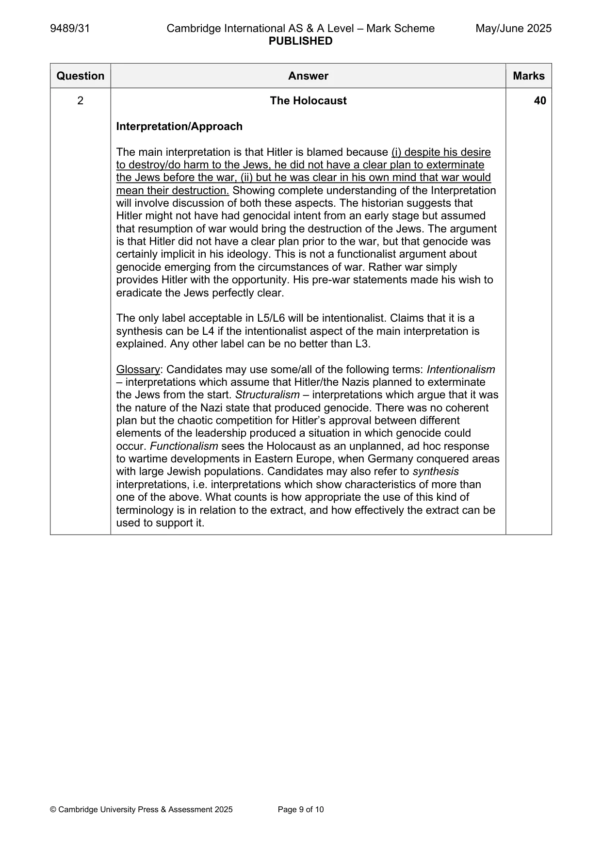 Mark scheme, page 9 of 10