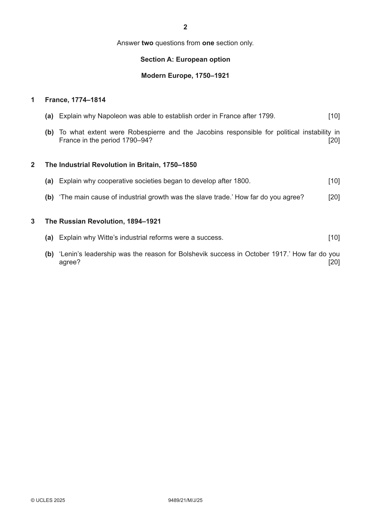 Cambridge A Level History 9489 2025 May/June Paper 2 · Variant 1 question paper, page 2 of 4