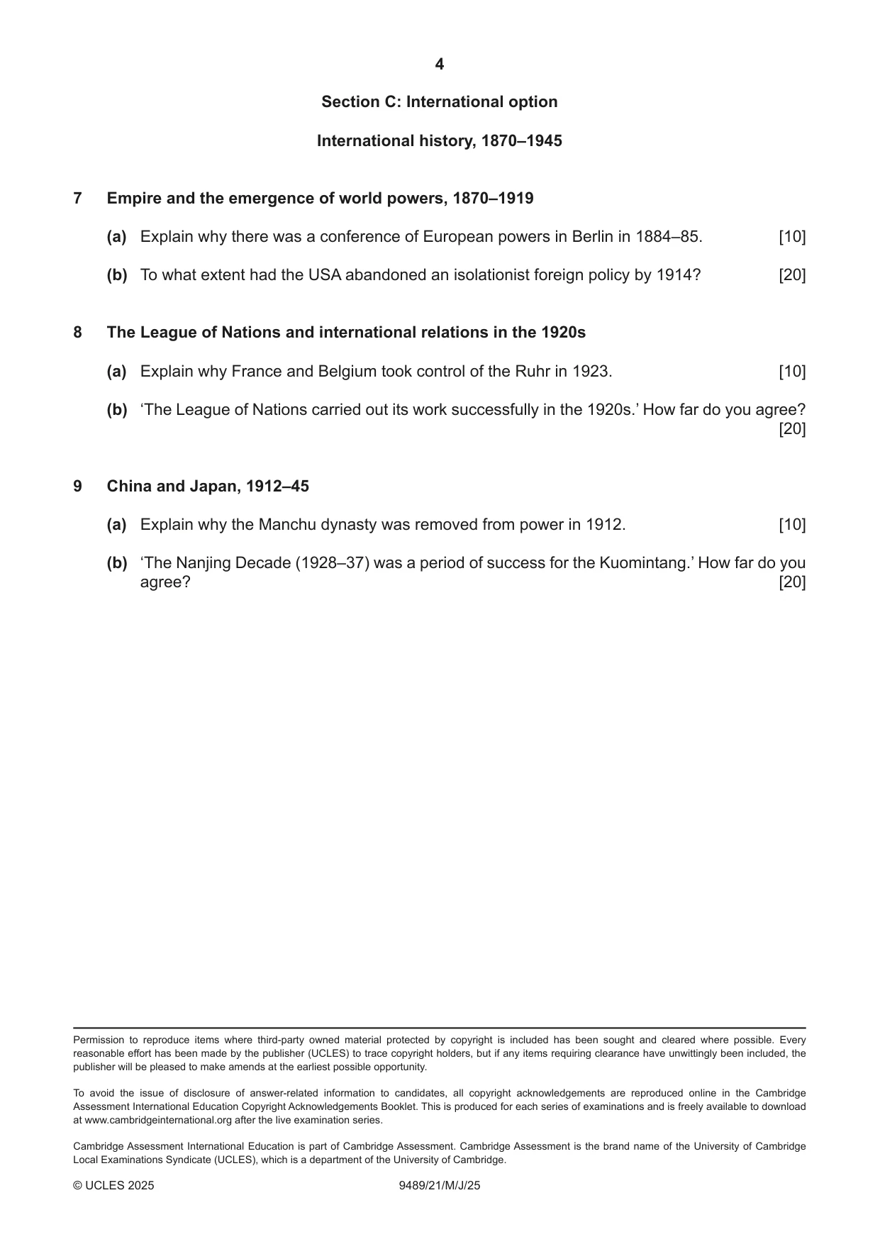 Cambridge A Level History 9489 2025 May/June Paper 2 · Variant 1 question paper, page 4 of 4