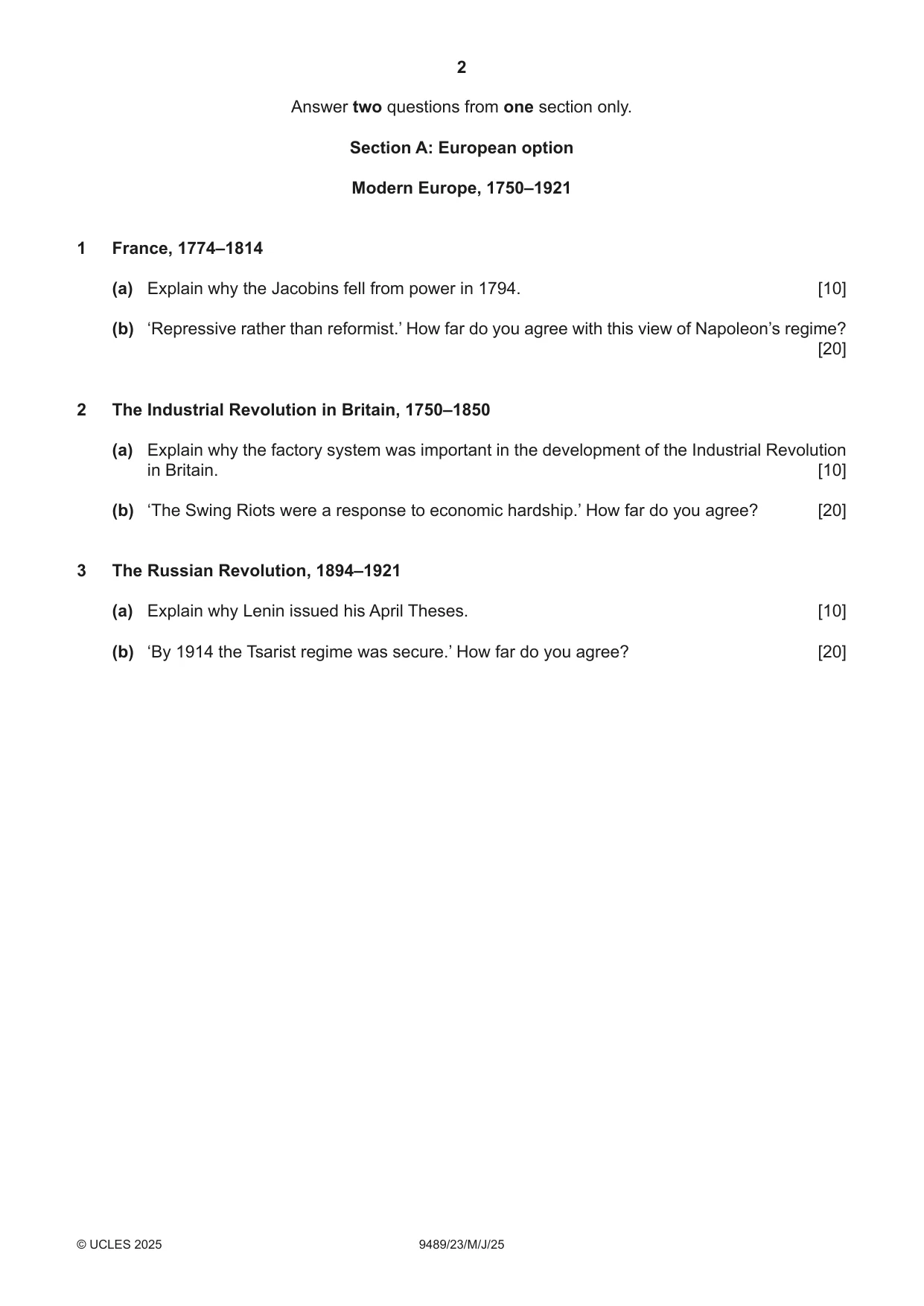 Cambridge A Level History 9489 2025 May/June Paper 2 · Variant 3 question paper, page 2 of 4