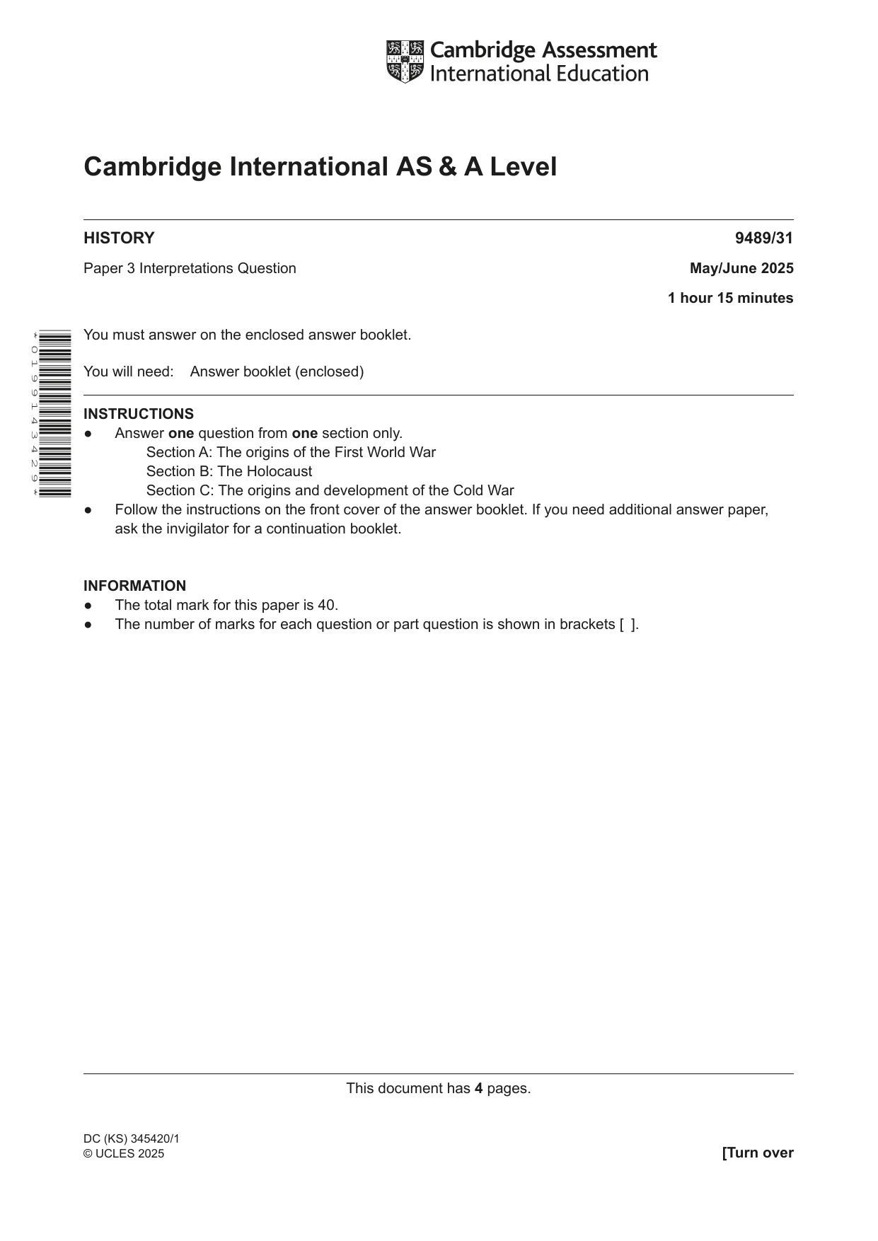 Cambridge A Level History 9489 2025 May/June Paper 3 · Variant 1 question paper, page 1 of 4