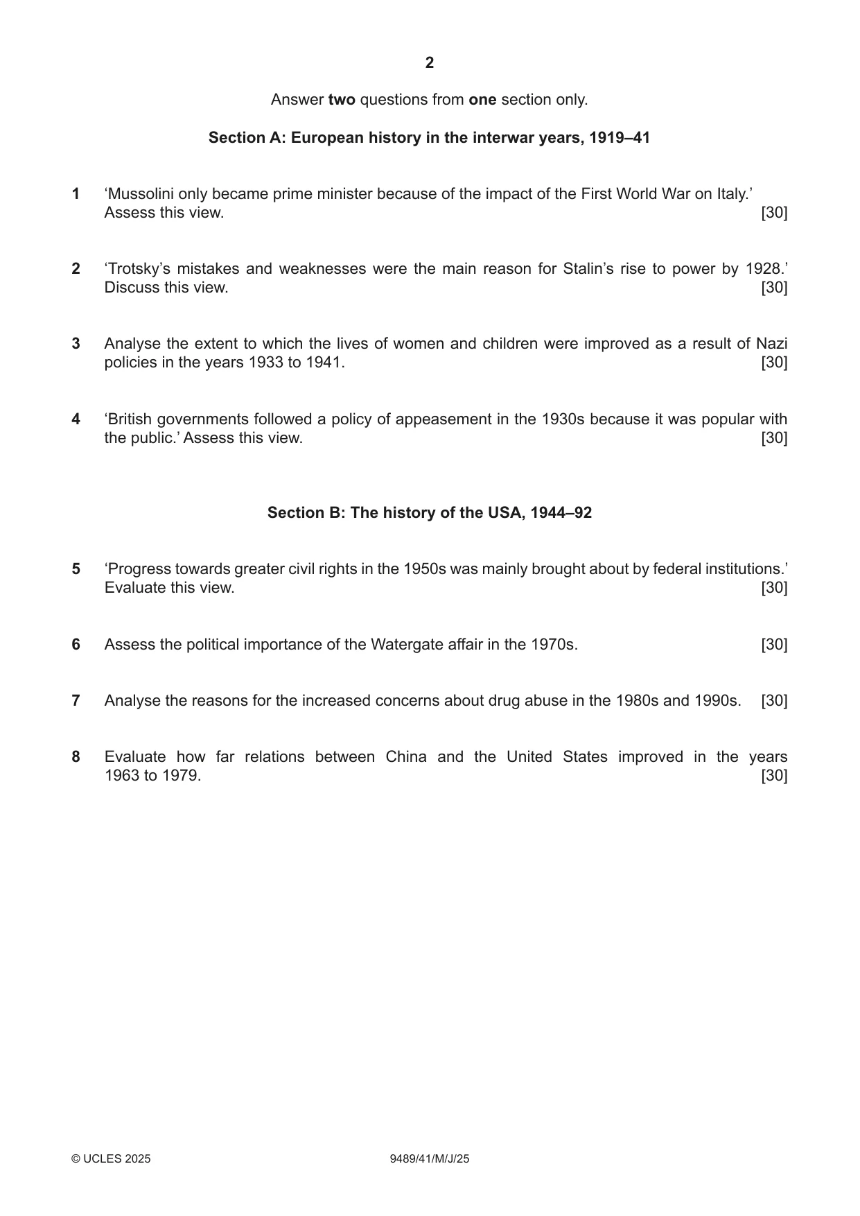 Cambridge A Level History 9489 2025 May/June Paper 4 · Variant 1 question paper, page 2 of 4