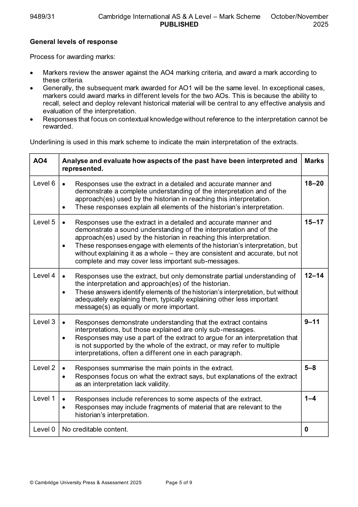 Mark scheme, page 5 of 9