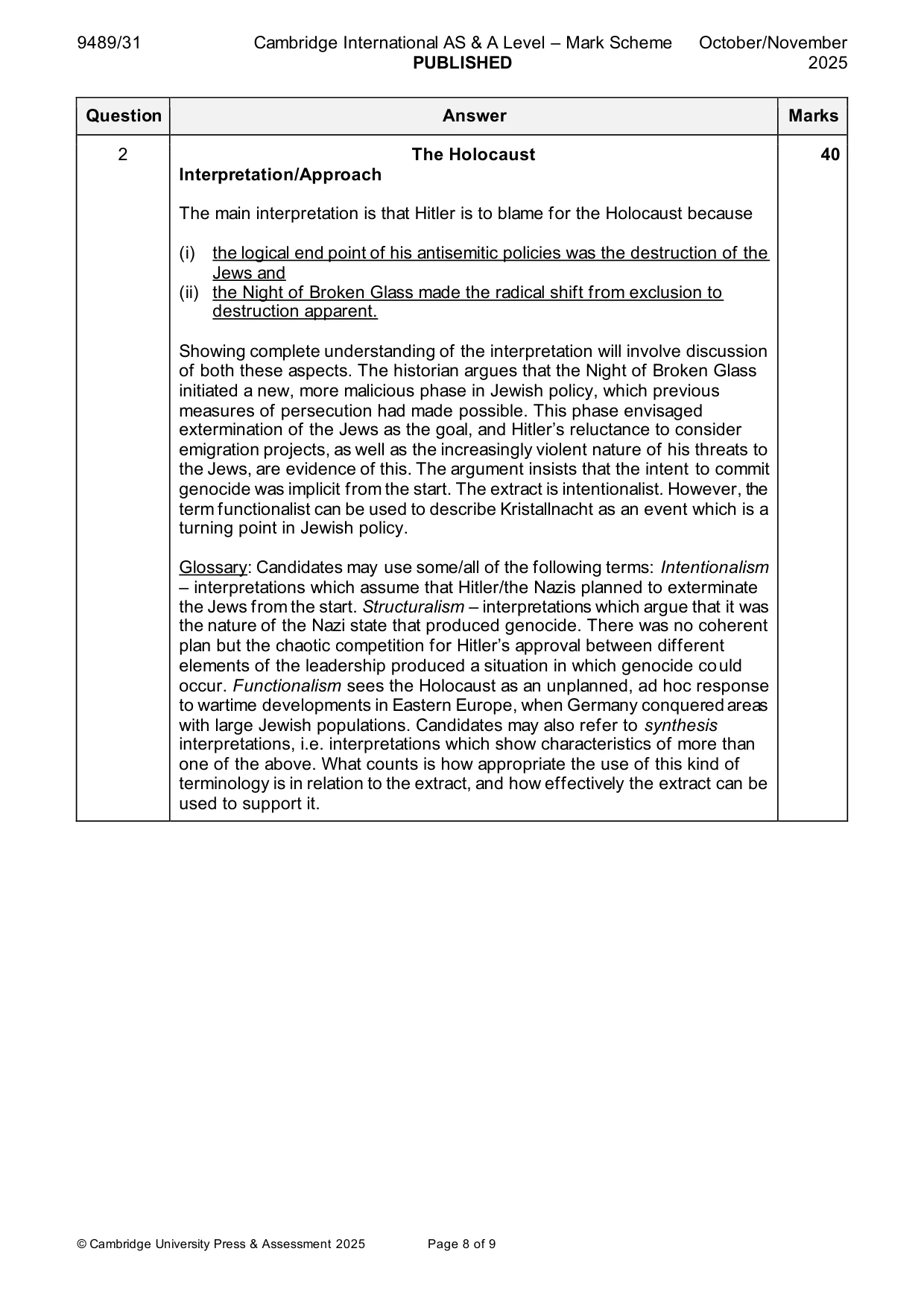 Mark scheme, page 8 of 9