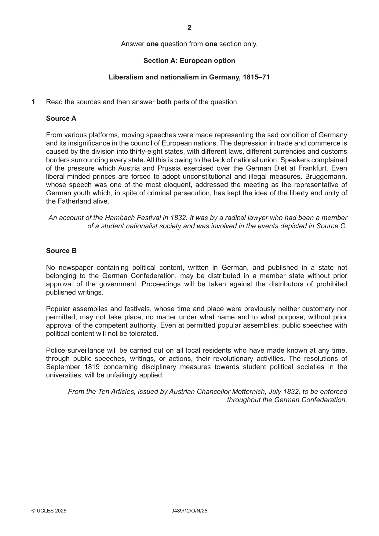 Cambridge A Level History 9489 2025 Oct/Nov Paper 1 · Variant 2 question paper, page 2 of 8
