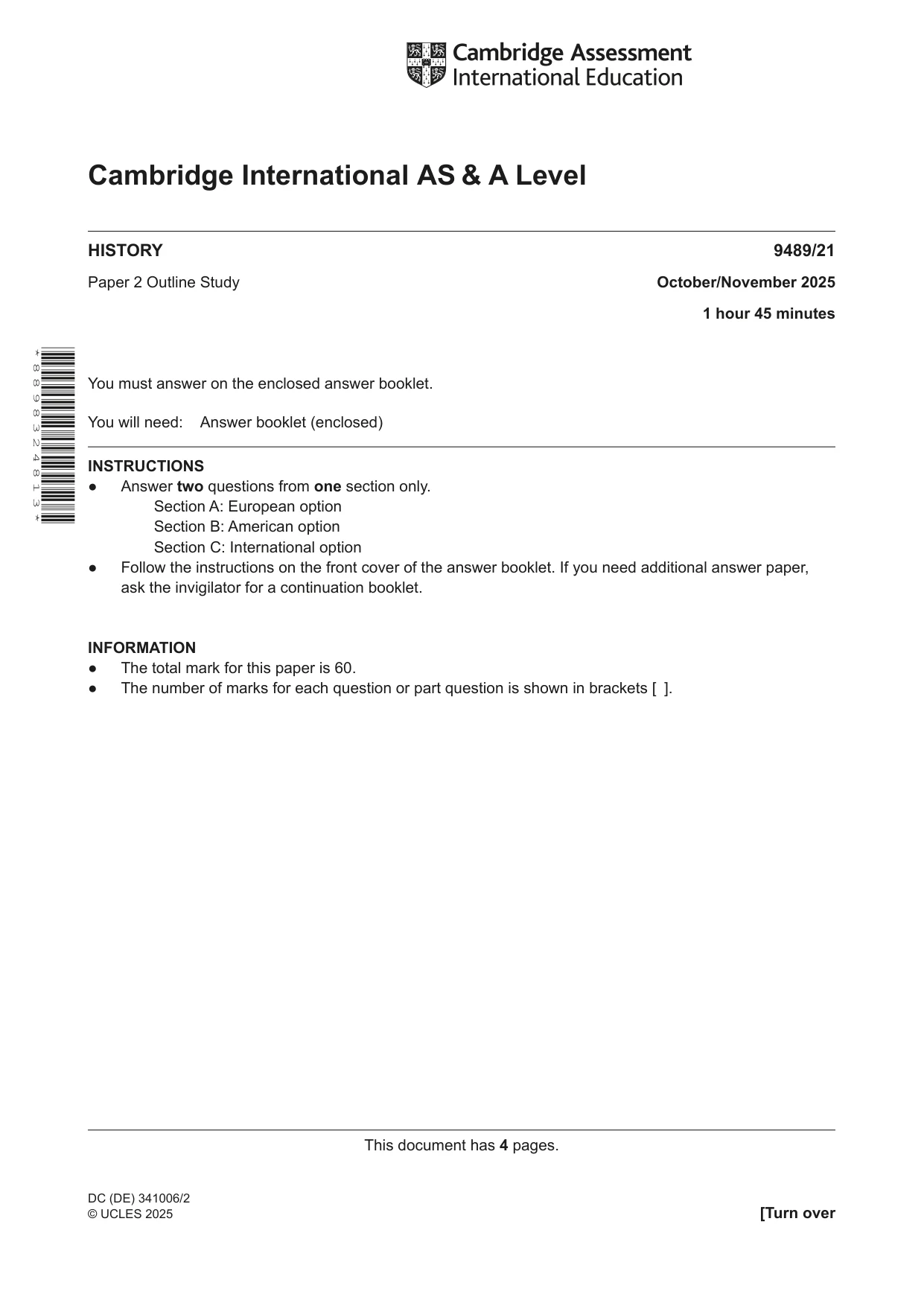 Cambridge A Level History 9489 2025 Oct/Nov Paper 2 · Variant 1 question paper, page 1 of 4