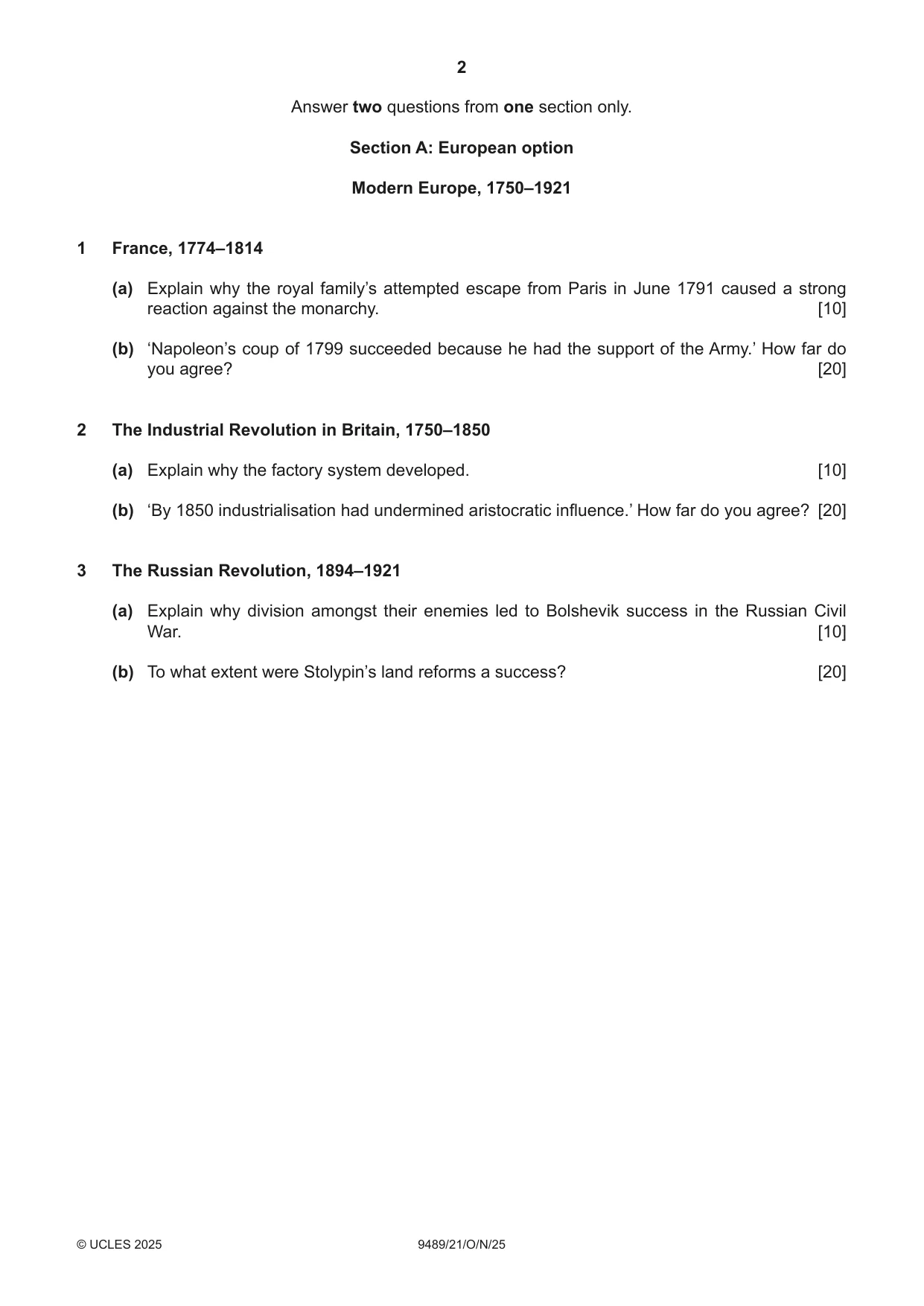 Cambridge A Level History 9489 2025 Oct/Nov Paper 2 · Variant 1 question paper, page 2 of 4