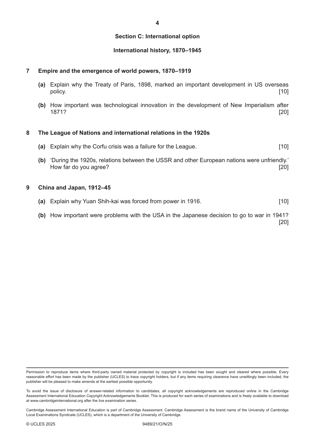 Cambridge A Level History 9489 2025 Oct/Nov Paper 2 · Variant 1 question paper, page 4 of 4