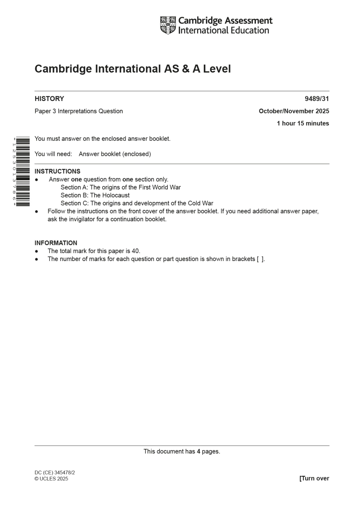 Cambridge A Level History 9489 2025 Oct/Nov Paper 3 · Variant 1 question paper, page 1 of 4