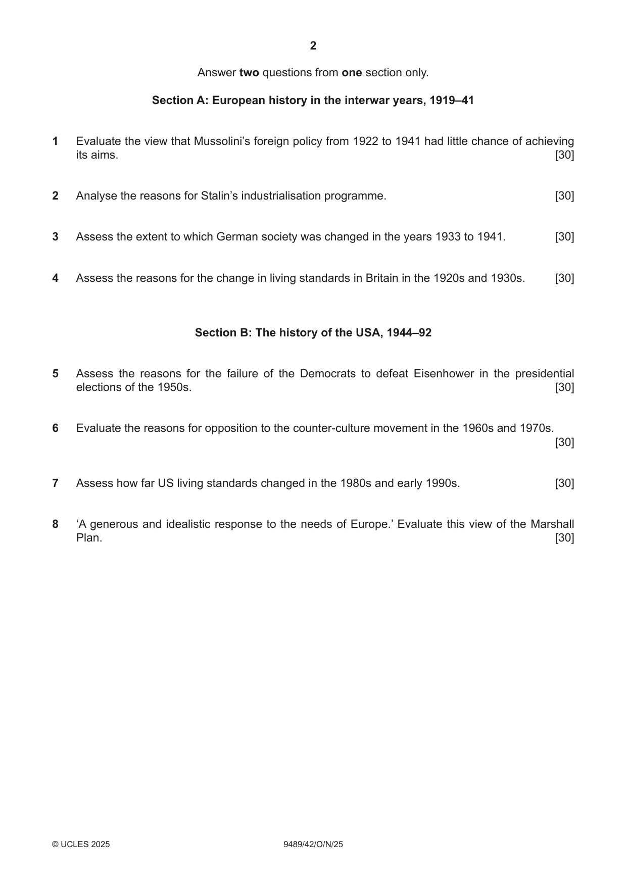 Cambridge A Level History 9489 2025 Oct/Nov Paper 4 · Variant 2 question paper, page 2 of 4