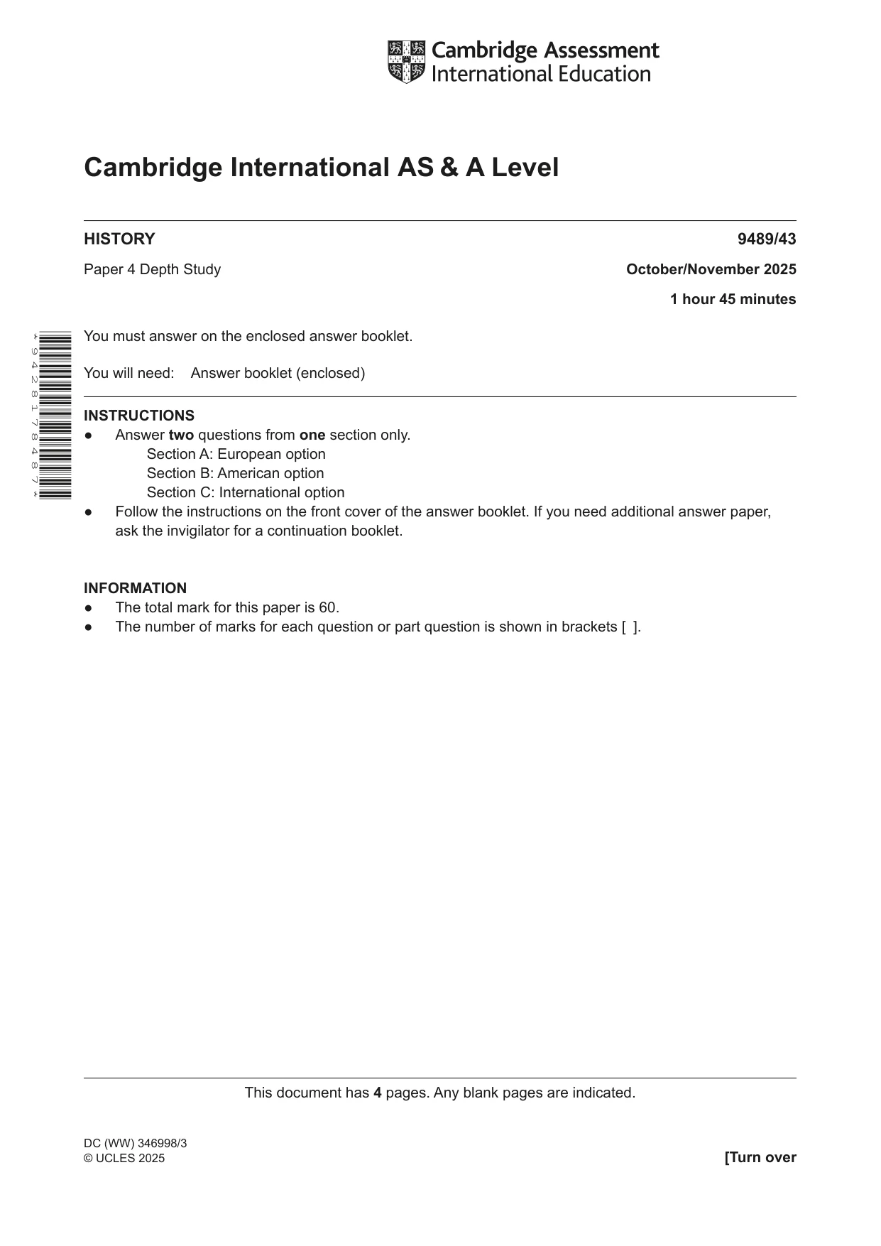 Cambridge A Level History 9489 2025 Oct/Nov Paper 4 · Variant 3 question paper, page 1 of 4