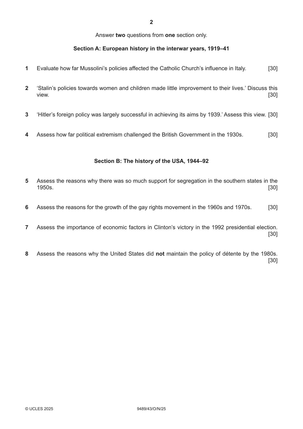 Cambridge A Level History 9489 2025 Oct/Nov Paper 4 · Variant 3 question paper, page 2 of 4