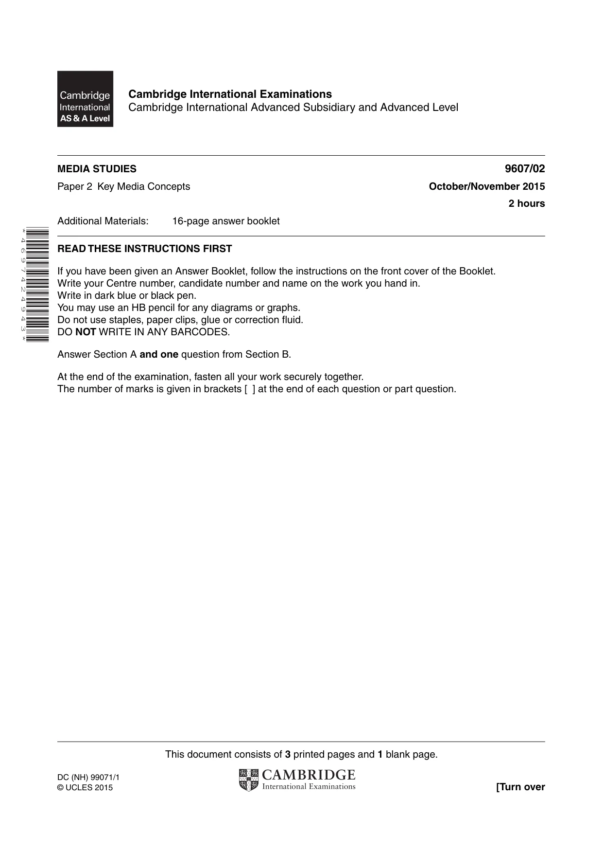 Cambridge A Level Media Studies 9607 2015 Oct/Nov Paper 2 · Variant 1 question paper, page 1 of 4
