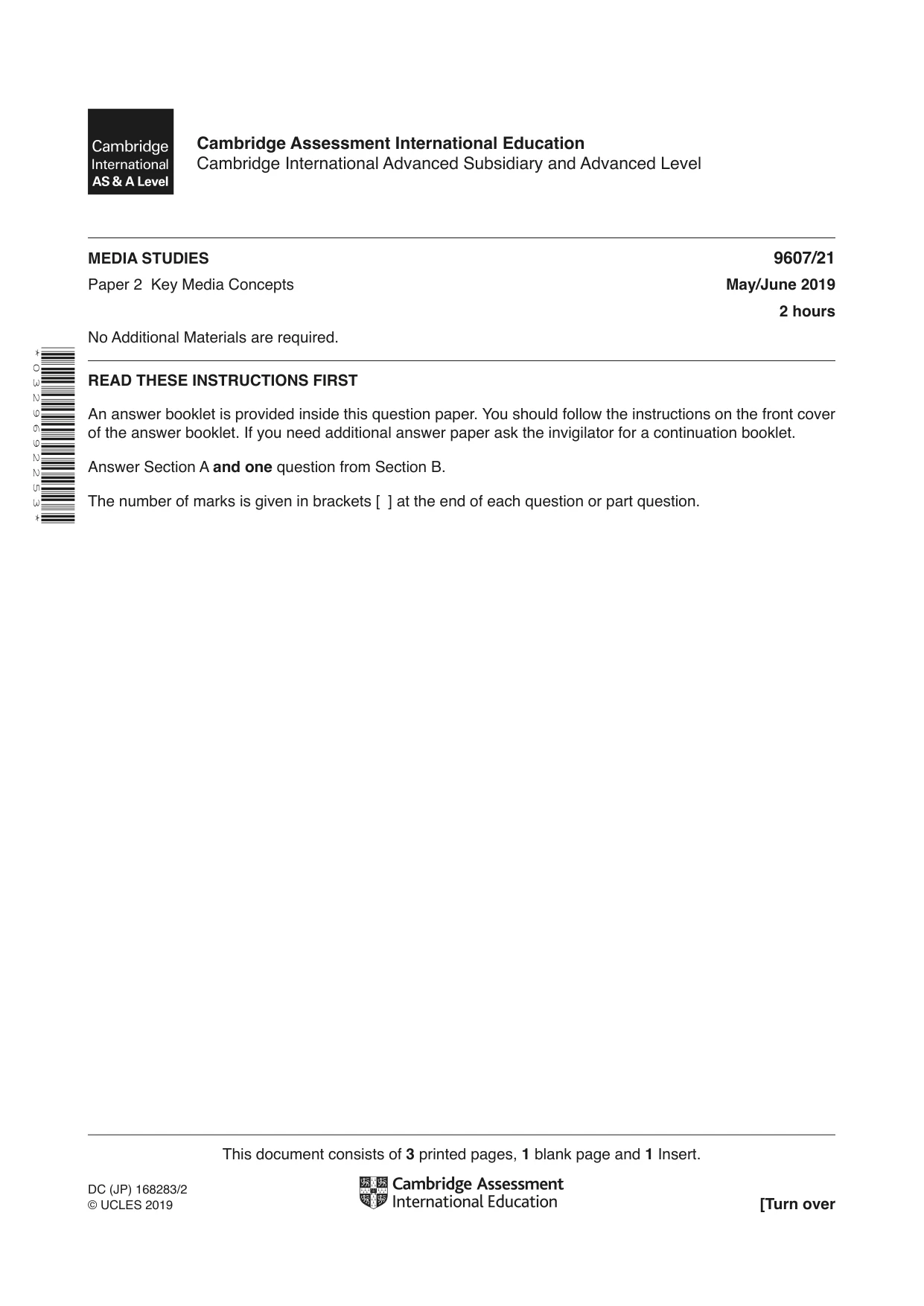 Cambridge A Level Media Studies 9607 2019 May/June Paper 2 · Variant 1 question paper, page 1 of 4