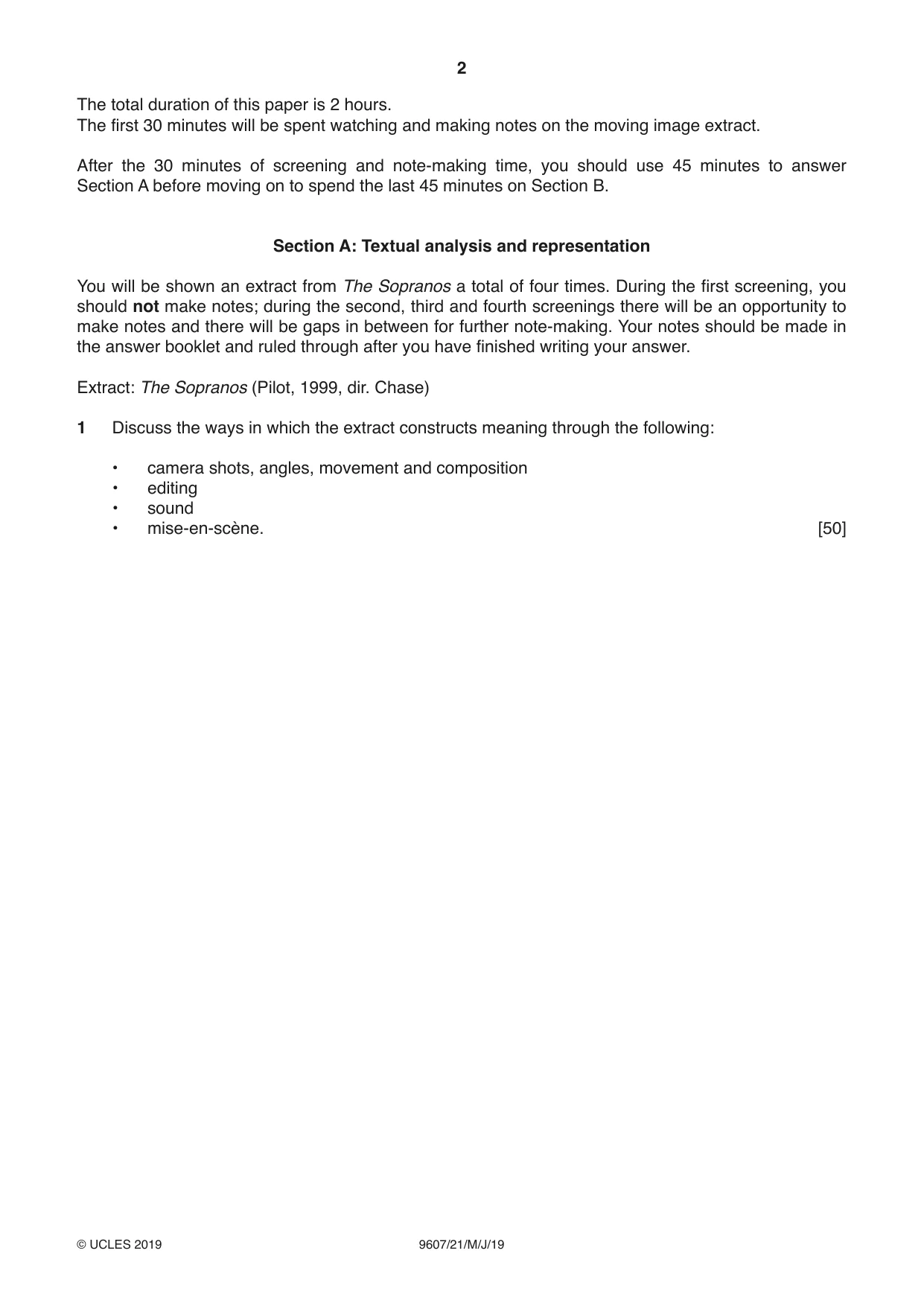 Cambridge A Level Media Studies 9607 2019 May/June Paper 2 · Variant 1 question paper, page 2 of 4